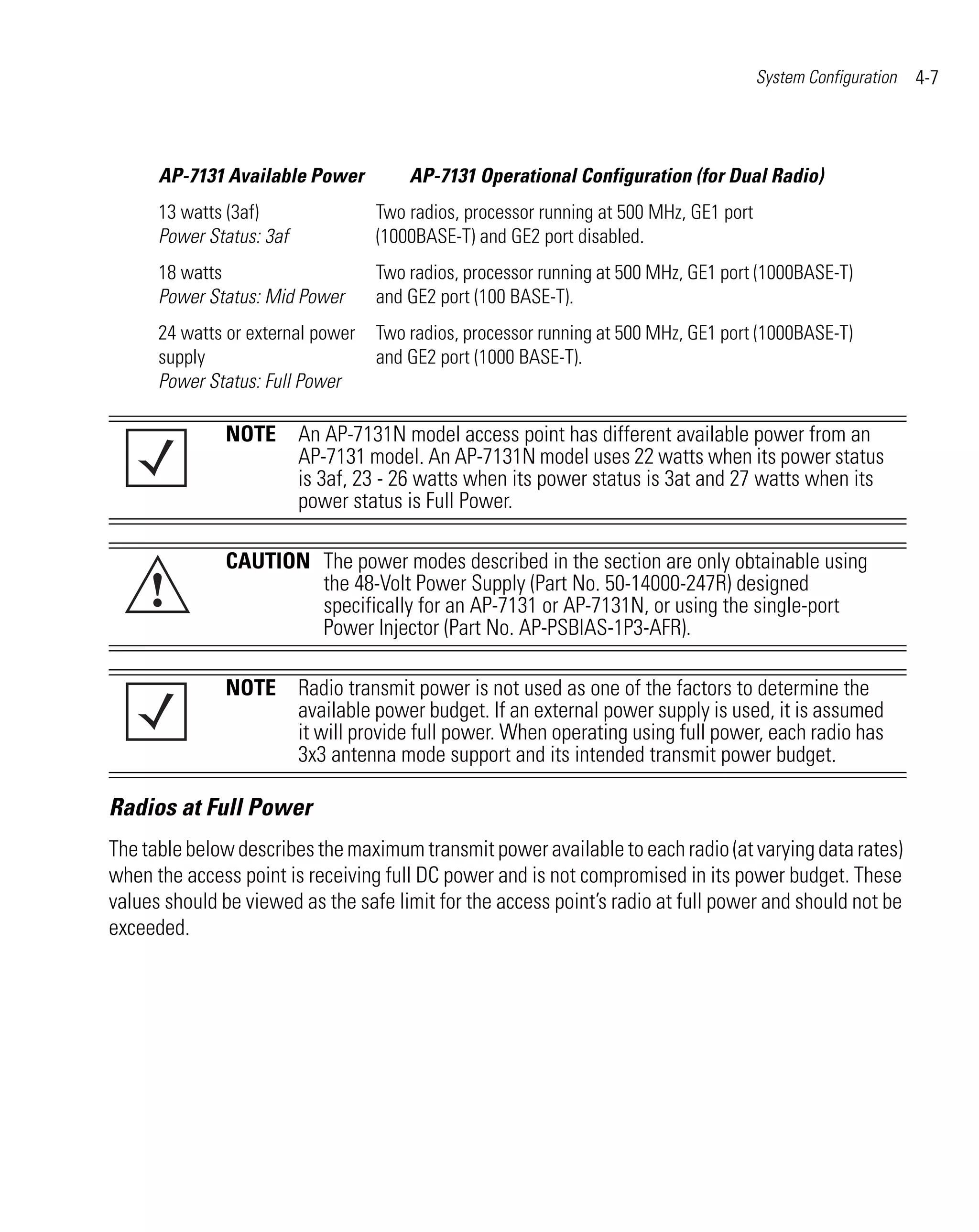 System Configuration   4-7



      AP-7131 Available Power          AP-7131 Operational Configuration (for Dual Radio)
      13 watts (3af)               Two radios, processor running at 500 MHz, GE1 port
      Power Status: 3af            (1000BASE-T) and GE2 port disabled.
      18 watts                     Two radios, processor running at 500 MHz, GE1 port (1000BASE-T)
      Power Status: Mid Power      and GE2 port (100 BASE-T).
      24 watts or external power   Two radios, processor running at 500 MHz, GE1 port (1000BASE-T)
      supply                       and GE2 port (1000 BASE-T).
      Power Status: Full Power

               NOTE An AP-7131N model access point has different available power from an
                    AP-7131 model. An AP-7131N model uses 22 watts when its power status
                    is 3af, 23 - 26 watts when its power status is 3at and 27 watts when its
                    power status is Full Power.

               CAUTION The power modes described in the section are only obtainable using
     !                 the 48-Volt Power Supply (Part No. 50-14000-247R) designed
                       specifically for an AP-7131 or AP-7131N, or using the single-port
                       Power Injector (Part No. AP-PSBIAS-1P3-AFR).

               NOTE Radio transmit power is not used as one of the factors to determine the
                    available power budget. If an external power supply is used, it is assumed
                    it will provide full power. When operating using full power, each radio has
                    3x3 antenna mode support and its intended transmit power budget.

Radios at Full Power
The table below describes the maximum transmit power available to each radio (at varying data rates)
when the access point is receiving full DC power and is not compromised in its power budget. These
values should be viewed as the safe limit for the access point’s radio at full power and should not be
exceeded.
 