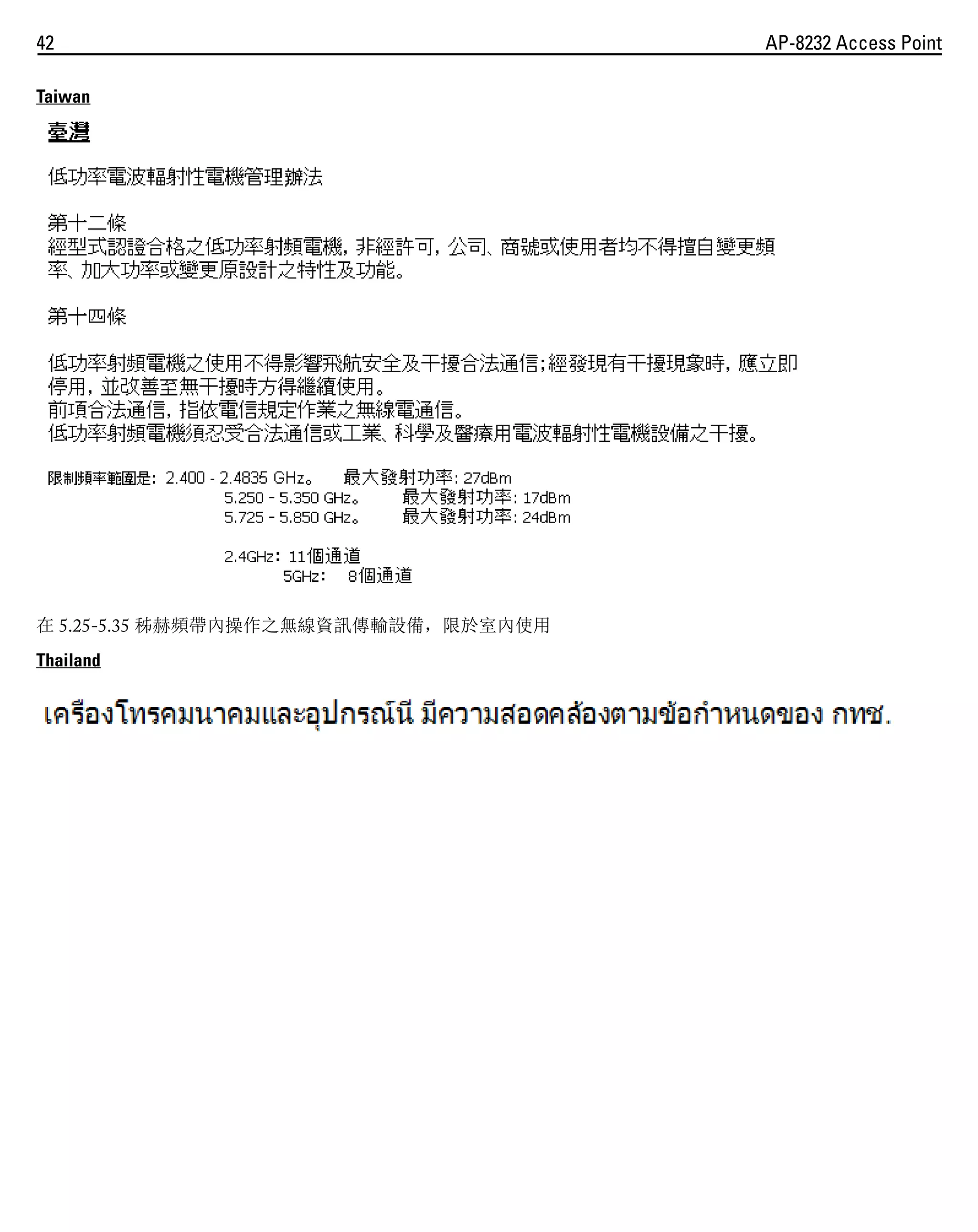 42
Taiwan

在 5.25-5.35 秭赫頻帶內操作之無線資訊傳輸設備，限於室內使用
Thailand

AP-8232 Access Point

 