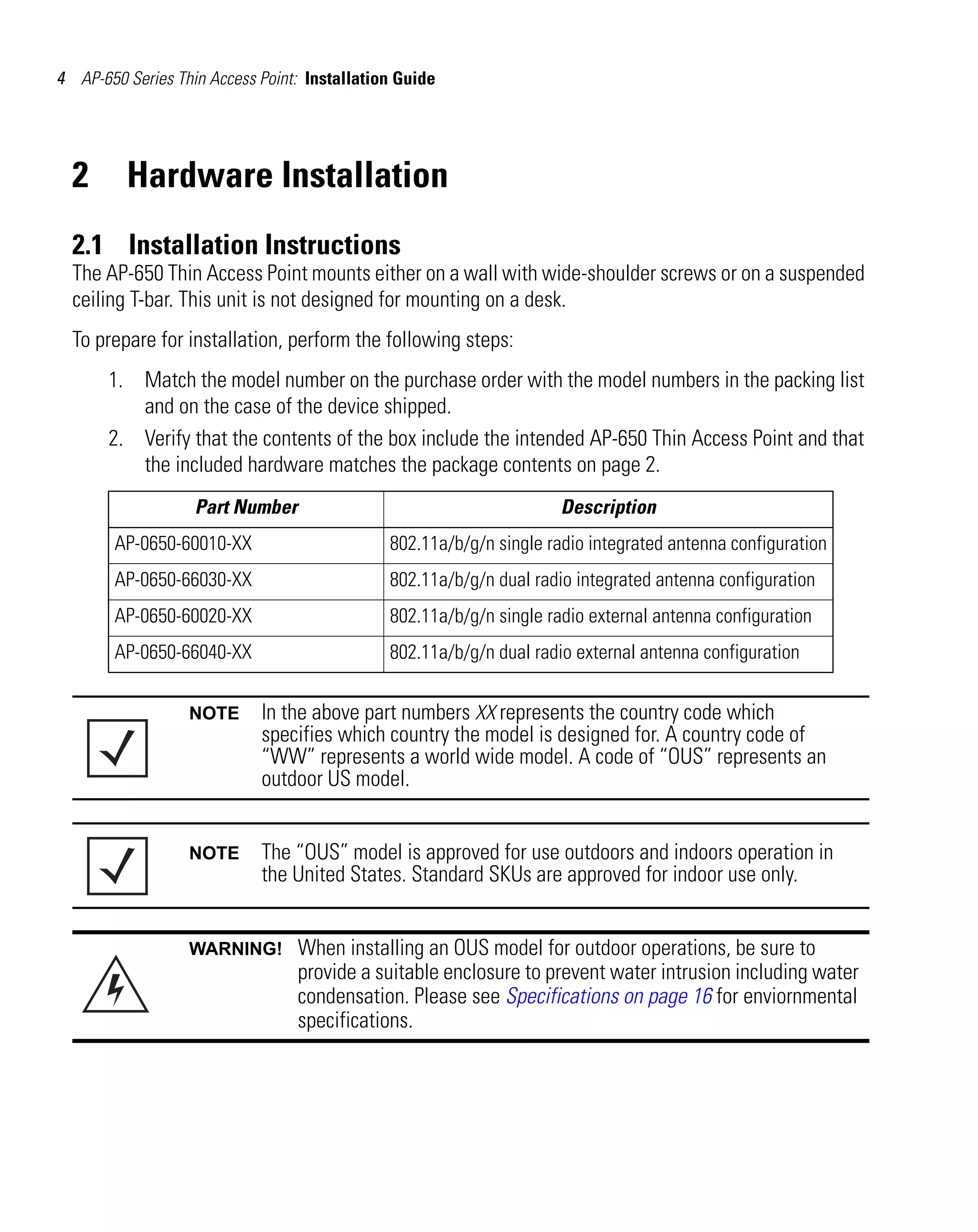 4 AP-650 Series Thin Access Point: Installation Guide

2

Hardware Installation

2.1 Installation Instructions
The AP-650 Thin Access Point mounts either on a wall with wide-shoulder screws or on a suspended
ceiling T-bar. This unit is not designed for mounting on a desk.
To prepare for installation, perform the following steps:
1. Match the model number on the purchase order with the model numbers in the packing list
and on the case of the device shipped.
2. Verify that the contents of the box include the intended AP-650 Thin Access Point and that
the included hardware matches the package contents on page 2.
Part Number

Description

AP-0650-60010-XX

802.11a/b/g/n single radio integrated antenna configuration

AP-0650-66030-XX

802.11a/b/g/n dual radio integrated antenna configuration

AP-0650-60020-XX

802.11a/b/g/n single radio external antenna configuration

AP-0650-66040-XX

802.11a/b/g/n dual radio external antenna configuration

NOTE

In the above part numbers XX represents the country code which
specifies which country the model is designed for. A country code of
“WW” represents a world wide model. A code of “OUS” represents an
outdoor US model.

NOTE

The “OUS” model is approved for use outdoors and indoors operation in
the United States. Standard SKUs are approved for indoor use only.

WARNING!

When installing an OUS model for outdoor operations, be sure to
provide a suitable enclosure to prevent water intrusion including water
condensation. Please see Specifications on page 16 for enviornmental
specifications.

 