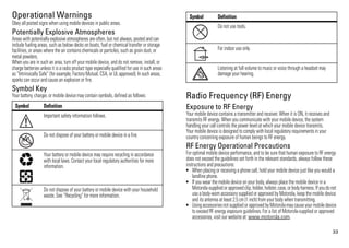 33
Operational Warnings
Obey all posted signs when using mobile devices in public areas.
Potentially Explosive Atmospheres
Areas with potentially explosive atmospheres are often, but not always, posted and can
include fueling areas, such as below decks on boats, fuel or chemical transfer or storage
facilities, or areas where the air contains chemicals or particles, such as grain dust, or
metal powders.
When you are in such an area, turn off your mobile device, and do not remove, install, or
charge batteries unless it is a radio product type especially qualified for use in such areas
as “Intrinsically Safe” (for example, Factory Mutual, CSA, or UL approved). In such areas,
sparks can occur and cause an explosion or fire.
Symbol Key
Your battery, charger, or mobile device may contain symbols, defined as follows:
Symbol Definition
Important safety information follows.
Do not dispose of your battery or mobile device in a fire.
Your battery or mobile device may require recycling in accordance
with local laws. Contact your local regulatory authorities for more
information.
Do not dispose of your battery or mobile device with your household
waste. See “Recycling” for more information.
032374o
032376o
032375o
Radio Frequency (RF) Energy
Exposure to RF Energy
Your mobile device contains a transmitter and receiver. When it is ON, it receives and
transmits RF energy. When you communicate with your mobile device, the system
handling your call controls the power level at which your mobile device transmits.
Your mobile device is designed to comply with local regulatory requirements in your
country concerning exposure of human beings to RF energy.
RF Energy Operational Precautions
For optimal mobile device performance, and to be sure that human exposure to RF energy
does not exceed the guidelines set forth in the relevant standards, always follow these
instructions and precautions:
• When placing or receiving a phone call, hold your mobile device just like you would a
landline phone.
• If you wear the mobile device on your body, always place the mobile device in a
Motorola-supplied or approved clip, holder,holster,case, or bodyharness. If youdo not
use a body-worn accessory supplied or approved by Motorola, keep the mobile device
and its antenna at least 2.5 cm (1 inch) from your body when transmitting.
• Using accessoriesnot supplied or approved byMotorolamaycause your mobile device
to exceed RF energy exposure guidelines. For a list of Motorola-supplied or approved
accessories, visit our website at: www.motorola.com.
Do not use tools.
For indoor use only.
Listening at full volume to music or voice through a headset may
damage your hearing.
Symbol Definition
 