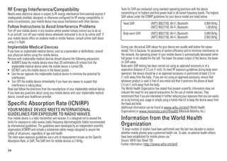 34
RF Energy Interference/Compatibility
Nearlyevery electronicdevice issubject to RF energyinterference fromexternalsourcesif
inadequately shielded, designed, or otherwise configured for RF energy compatibility. In
some circumstances, your mobile device may cause interference with other devices.
Follow Instructions to Avoid Interference Problems
Turn off your mobile device in any location where posted notices instruct you to do so.
In an aircraft, turn off your mobile device whenever instructed to do so by airline staff. If
your mobile device offers an airplane mode or similar feature, consult airline staff about
using it in flight.
Implantable Medical Devices
If you have an implantable medical device, such as a pacemaker or defibrillator, consult
your physician before using this mobile device.
Persons with implantable medical devices should observe the following precautions:
• ALWAYS keep the mobile device more than 20 centimeters (8 inches) from the
implantable medical device when the mobile device is turned ON.
• DO NOT carry the mobile device in the breast pocket.
• Use the ear opposite the implantable medical device to minimize the potential for
interference.
• Turn OFF the mobile device immediately if you have any reason to suspect that
interference is taking place.
Read and followthe directionsfrom the manufacturer of your implantable medical device.
If you have any questions about using your mobile device with your implantable medical
device, consult your healthcare provider.
Specific Absorption Rate (ICNIRP)SAR (ICNIRP)
YOUR MOBILE DEVICE MEETS INTERNATIONAL
GUIDELINES FOR EXPOSURE TO RADIO WAVES.
Your mobile device is a radio transmitter and receiver. It is designed not to exceed the
limits for exposure to radio waves (radio frequency electromagnetic fields) recommended
by international guidelines. The guidelines were developed by an independent scientific
organization (ICNIRP) and include a substantial safety margin designed to assure the
safety of all persons, regardless of age and health.
The radio wave exposure guidelines use a unit of measurement known as the Specific
Absorption Rate, or SAR. The SAR limit for mobile devices is 2 W/kg.
Tests for SAR are conducted using standard operating positions with the device
transmitting at its highest certified power level in all tested frequency bands. The highest
SAR values under the ICNIRP guidelines for your device model are listed below:
During use, the actual SAR values for your device are usually well below the values
stated. This is because, for purposes of system efficiency and to minimise interference on
the network, the operating power of your mobile device is automatically decreased when
full power is not needed for the call. The lower the power output of the device, the lower
its SAR value.
Body-worn SAR testing has been carried out using an approved accessory or at a
separation distance of 2.5 cm (1 inch). To meet RF exposure guidelines during body-worn
operation, the device should be in an approved accessory or positioned at least 2.5 cm
(1 inch) away from the body. If you are not using an approved accessory, ensure that
whatever product is used is free of any metal and that it positions the phone at least
2.5 cm (1 inch) away from the body.
The World Health Organization has stated that present scientific information does not
indicate the need for any special precautions for the use of mobile devices. They
recommend that if youareinterested in further reducingyour exposure then youcan easily
do so by limiting your usage or simply using a hands-free kit to keep the device away from
the head and body.
Additional information can be found at www.who.int/emf (World Health
Organization) or www.motorola.com/rfhealth (Motorola Mobility, Inc.).
Information from the World Health
OrganizationWHOInformation
“A large number of studies have been performed over the last two decades to assess
whether mobile phones pose a potential health risk. To date, no adverse health effects
have been established for mobile phone use.”
Source: WHO Fact Sheet 193
Further information: http://www.who.int/emf
Head SAR UMTS 900/2100, Wi-Fi, Bluetooth
UMTS 850/2100, Wi-Fi, Bluetooth
0.904 W/kg
1.08 W/kg
Body-worn SAR UMTS 900/2100, Wi-Fi, Bluetooth
UMTS 850/2100, Wi-Fi, Bluetooth
0.849 W/kg
0.903 W/kg
 
