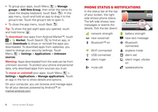 6 Home screen & apps
• To group your apps, touch Menu > Manage
groups > Add New Group, then enter the name (to
close the display keyboard, touch Back ). In the
app menu, touch and hold an app to drag it to the
group’s tab. Touch the group’s tab to open it.
• To close the app menu, touch Back .
Tip: To show the last eight apps you opened, touch
and hold Home .
To download new apps from Android Market™, touch
> Market. Touch Search to find an app, or
touch Downloads to show or reinstall the apps you
downloaded. To download apps from websites, you
need to change your security settings: Touch
Menu > Settings > Applications > Unknown
sources.
Warning: Apps downloaded from the web can be from
unknown sources. To protect your phone and personal
data, only download apps from sources you trust.
To move or uninstall your apps, touch Menu >
Settings > Applications > Manage applications. Touch
an app in the list to show details and options.
On your computer, you can browse and manage apps
for all your devices powered by Android™ at
market.android.com.
Phonestatus&notifications
In the status bar at the top
of your screen, the right
side shows phone status.
The left side shows new
messages or events (for
details, flick the bar down).
network strength battery strength
new voicemail new text message
Bluetooth™ on Bluetooth
connected
Wi-Fi connected airplane mode
USB connected alarm set
silent ringer silent ringer, vibrate
on
mute call speakerphone
Clear
Notifications
10:32
New voicemail
Dial (Your Voicemail Number)
11:19
 