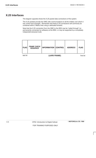 ISSUE 5 REVISION 5
X.25 Interfaces
EMOTOROLA LTD. 1999
CP02: Introduction to Digital Cellular
FOR TRAINING PURPOSES ONLY
4–6
X.25 Interfaces
The diagram opposite shows the X.25 packet data connections of the system.
The X.25 packets provide the OMC with communications to all the entities over which it
has control and oversight. Remember that these X.25 connections will commonly be
contained within 2 Mbit/s links using a dedicated timeslot.
Note that the X.25 connection from the OMC to the BSS may be “nailed through” (or
permanently connected by software) at the MSC, or may be supported by a completely
independent physical route.
 
  
          
last bit first bit
   
 