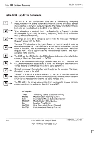 ISSUE 5 REVISION 5
Inter-BSS Handover Sequence
EMOTOROLA LTD. 1999
CP02: Introduction to Digital Cellular
FOR TRAINING PURPOSES ONLY
8–12
Inter-BSS Handover Sequence
The MS is in the conversation state and is continuously compiling
measurements both of the current transmission and the broadcast control
channels of up to thirty two surrounding cells. The measurements from the six
best cells are reported back to the BSS, every 480 ms.
When a handover is required, due to low Receive Signal Strength Indication
(RSSI) or poor signal quality the existing ``originating BSS (oBSS) notifies the
MSC (``Handover Required).
The target or `new` BSS (nBSS) is alerted with the message ``Handover
Request tagged with the TMSI.
The new BSS allocates a Handover Reference Number which it uses to
determine whether the correct MS gains access to the air interface channel
which it allocates, and acknowledges the MSC 's request with ``Handover
Request Ack. This is tagged with the HO Reference number. The nBSS
assigns a traffic channel.
The MSC , via the oBSS orders the MS to change to the new channel with the
message ``Handover C ommand on FAC C H.
There is an information interchange between nBSS and MS. This uses the
FAC C H channel but an access burst is used. The messages and information
carried depend upon the type of handover being performed.
Once all necessary information has been transferred the message Handover
C omplete is sent to the MSC .
The MSC now sends a C lear C ommand to the oBSS, this frees the radio
resources for another MS. The channel is not cleared until this point in case the
new BSS can not accommodate the MS being handed over.
The MS, still in the conversation mode, then continues to prepare periodic
measurement reports and sends them to the new BSS.
Acronyms:
TMSI Temporary Mobile Subscriber Identity
MSRN Mobile Station Roaming Number
IMSI International Mobile Subscriber Identity
MSISDN Mobile Station ISDN Number
LAI Location Area Identity
SACCH Slow Associated Control Channel
FACCH Fast Associated Control Channel
 