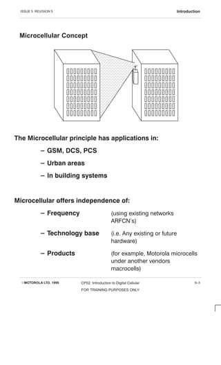 ISSUE 5 REVISION 5 Introduction
EMOTOROLA LTD. 1999 CP02: Introduction to Digital Cellular
FOR TRAINING PURPOSES ONLY
9–3
Microcellular Concept
ÓÓÓÓÓÓÓÓÓ
ÓÓÓÓÓÓÓÓÓ
ÓÓÓÓÓÓÓÓÓ
ÓÓÓÓÓÓÓÓÓ
ÓÓÓÓÓÓÓÓÓ
ÓÓÓÓÓÓÓÓÓ
ÓÓÓÓÓÓÓÓÓ
ÓÓÓÓÓÓÓÓÓ
ÓÓÓÓÓÓÓÓÓ
ÓÓÓÓÓÓÓÓÓ
ÓÓÓÓÓÓÓÓÓ
ÓÓÓÓÓÓÓÓÓ
ÓÓÓÓÓÓÓÓÓ
      
     
  
    !
    
  ! (using existing networks
ARFC N's)
 !  (i.e. Any existing or future
hardware)
   (for example, Motorola microcells
under another vendors
macrocells)
 
