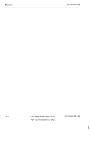 ISSUE 5 REVISION 5
Picocells
EMOTOROLA LTD. 1999
CP02: Introduction to Digital Cellular
FOR TRAINING PURPOSES ONLY
9–14
 