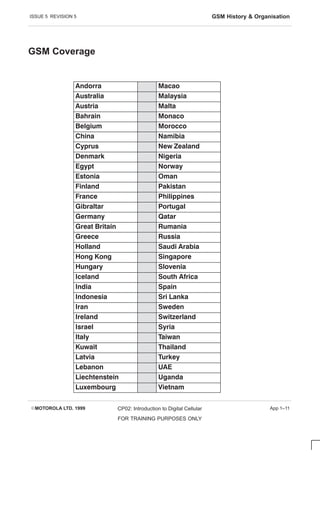ISSUE 5 REVISION 5 GSM History  Organisation
EMOTOROLA LTD. 1999 CP02: Introduction to Digital Cellular
FOR TRAINING PURPOSES ONLY
App 1–11
GSM Coverage
#$ $
)'(! !-'
)'( !(
# $#$
!) $$$
# 
-%)' + !#
# 
-%( $+-
'($# #
#!#  '(#
# !%%#'
!( $()!
#- (
( (# )#
 )''
$!!# ) 
$# $# #%$
)#- !$*#
!# $)( 
# %#
#$#'  # 
# +#
!# +(.!#
'! -
(!- +#
)+( !#
(* ) -
#$# 
(#'(# #
),$) (#
 