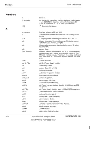 ISSUE 5 REVISION 5
Numbers
EMOTOROLA LTD. 1999
CP02: Introduction to Digital Cellular
FOR TRAINING PURPOSES ONLY
G–2
Numbers
# Number.
2 Mbit/s link As used in this manual set, the term applies to the European
4-wire 2.048 Mbit/s digital line or link which can carry 30
A-law PCM channels or 120 16 kbit/s GSM channels.
4GL 4th Generation Language.
A
A interface Interface between MSC and BSS.
A3 Authentication algorithm that produces SRES, using RAND
and Ki.
A38 A single algorithm performing the function of A3 and A8.
A5 Stream cipher algorithm, residing on an MS, that produces
ciphertext out of plaintext, using Kc.
A8 Ciphering key generating algorithm that produces Kc using
RAND and Ki.
AB Access Burst.
Abis interface Interface between a remote BSC and BTS. Motorola offers a
GSM standard and a unique Motorola A-bis interface. The
Motorola interface reduces the amount of message traffic and
thus the number of 2 Mbit/s lines required between BSC and
BTS.
ABR Answer Bid Ratio.
ac–dc PSM AC–DC Power Supply module.
ac Alternating Current.
AC Access Class (C0 to C15).
AC Application Context.
ACC Automatic Congestion Control.
ACCH Associated Control CHannel.
ACK, Ack ACKnowledgement.
ACM Accumulated Call meter.
ACM Address Complete Message.
ACPIM AC Power Interface Module. Used in M-Cell6 indor ac BTS
equipment.
AC PSM AC Power Supply Module. Used in M-Cell6 BTS equipment.
ACSE Associated Control Service Element.
ACU Antenna Combining Unit.
A/D Analogue to Digital (converter).
ADC ADministration Centre.
ADC Analogue to Digital Converter.
ADCCP ADvanced Communications Control Protocol.
ADM ADMinistration processor.
ADMIN ADMINistration.
ADN Abbreviated Dialling Number.
 