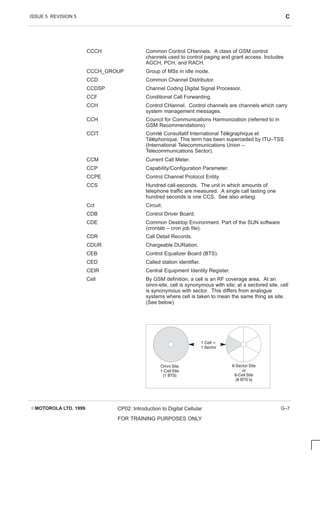ISSUE 5 REVISION 5 C
EMOTOROLA LTD. 1999 CP02: Introduction to Digital Cellular
FOR TRAINING PURPOSES ONLY
G–7
CCCH Common Control CHannels. A class of GSM control
channels used to control paging and grant access. Includes
AGCH, PCH, and RACH.
CCCH_GROUP Group of MSs in idle mode.
CCD Common Channel Distributor.
CCDSP Channel Coding Digital Signal Processor.
CCF Conditional Call Forwarding.
CCH Control CHannel. Control channels are channels which carry
system management messages.
CCH Council for Communications Harmonization (referred to in
GSM Recommendations).
CCIT Comité Consultatif International Télégraphique et
Téléphonique. This term has been superceded by ITU–TSS
(International Telecommunications Union –
Telecommunications Sector).
CCM Current Call Meter.
CCP Capability/Configuration Parameter.
CCPE Control Channel Protocol Entity.
CCS Hundred call-seconds. The unit in which amounts of
telephone traffic are measured. A single call lasting one
hundred seconds is one CCS. See also erlang.
Cct Circuit.
CDB Control Driver Board.
CDE Common Desktop Environment. Part of the SUN software
(crontab – cron job file).
CDR Call Detail Records.
CDUR Chargeable DURation.
CEB Control Equalizer Board (BTS).
CED Called station identifier.
CEIR Central Equipment Identity Register.
Cell By GSM definition, a cell is an RF coverage area. At an
omni-site, cell is synonymous with site; at a sectored site, cell
is synonymous with sector. This differs from analogue
systems where cell is taken to mean the same thing as site.
(See below).
Omni Site
1ĆC ell Site
(1 BTS)
6ĆSector Site
or
6ĆC ell Site
(6 BTS's)
1 C ell =
1 Sector
 