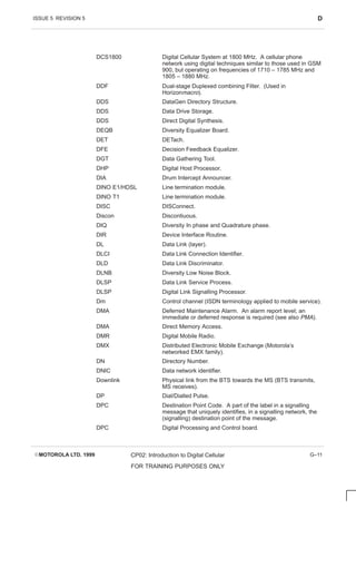 ISSUE 5 REVISION 5 D
EMOTOROLA LTD. 1999 CP02: Introduction to Digital Cellular
FOR TRAINING PURPOSES ONLY
G–11
DCS1800 Digital Cellular System at 1800 MHz. A cellular phone
network using digital techniques similar to those used in GSM
900, but operating on frequencies of 1710 – 1785 MHz and
1805 – 1880 MHz.
DDF Dual-stage Duplexed combining Filter. (Used in
Horizonmacro).
DDS DataGen Directory Structure.
DDS Data Drive Storage.
DDS Direct Digital Synthesis.
DEQB Diversity Equalizer Board.
DET DETach.
DFE Decision Feedback Equalizer.
DGT Data Gathering Tool.
DHP Digital Host Processor.
DIA Drum Intercept Announcer.
DINO E1/HDSL Line termination module.
DINO T1 Line termination module.
DISC DISConnect.
Discon Discontiuous.
DIQ Diversity In phase and Quadrature phase.
DIR Device Interface Routine.
DL Data Link (layer).
DLCI Data Link Connection Identifier.
DLD Data Link Discriminator.
DLNB Diversity Low Noise Block.
DLSP Data Link Service Process.
DLSP Digital Link Signalling Processor.
Dm Control channel (ISDN terminology applied to mobile service).
DMA Deferred Maintenance Alarm. An alarm report level; an
immediate or deferred response is required (see also PMA).
DMA Direct Memory Access.
DMR Digital Mobile Radio.
DMX Distributed Electronic Mobile Exchange (Motorola’s
networked EMX family).
DN Directory Number.
DNIC Data network identifier.
Downlink Physical link from the BTS towards the MS (BTS transmits,
MS receives).
DP Dial/Dialled Pulse.
DPC Destination Point Code. A part of the label in a signalling
message that uniquely identifies, in a signalling network, the
(signalling) destination point of the message.
DPC Digital Processing and Control board.
 