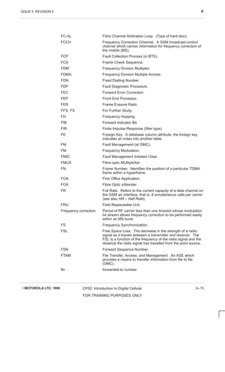 ISSUE 5 REVISION 5 F
EMOTOROLA LTD. 1999 CP02: Introduction to Digital Cellular
FOR TRAINING PURPOSES ONLY
G–15
FC-AL Fibre Channel Arbitration Loop. (Type of hard disc).
FCCH Frequency Correction CHannel. A GSM broadcast control
channel which carries information for frequency correction of
the mobile (MS).
FCP Fault Collection Process (in BTS).
FCS Frame Check Sequence.
FDM Frequency Division Multiplex.
FDMA Frequency Division Multiple Access.
FDN Fixed Dialling Number.
FDP Fault Diagnostic Procedure.
FEC Forward Error Correction.
FEP Front End Processor.
FER Frame Erasure Ratio.
FFS, FS For Further Study.
FH Frequency Hopping.
FIB Forward Indicator Bit.
FIR Finite Impulse Response (filter type).
FK Foreign Key. A database column attribute; the foreign key
indicates an index into another table.
FM Fault Management (at OMC).
FM Frequency Modulation.
FMIC Fault Management Initiated Clear.
FMUX Fibre optic MUltipleXer.
FN Frame Number. Identifies the position of a particular TDMA
frame within a hyperframe.
FOA First Office Application.
FOX Fibre Optic eXtender.
FR Full Rate. Refers to the current capacity of a data channel on
the GSM air interface, that is, 8 simultaneous calls per carrier
(see also HR – Half Rate).
FRU Field Replaceable Unit.
Frequency correction Period of RF carrier less than one timeslot whose modulation
bit stream allows frequency correction to be performed easily
within an MS burst.
FS Frequency Synchronization.
FSL Free Space Loss. The decrease in the strength of a radio
signal as it travels between a transmitter and receiver. The
FSL is a function of the frequency of the radio signal and the
distance the radio signal has travelled from the point source.
FSN Forward Sequence Number.
FTAM File Transfer, Access, and Management. An ASE which
provides a means to transfer information from file to file
(OMC).
ftn forwarded-to number.
 