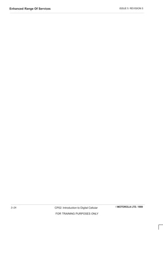 ISSUE 5 REVISION 5
Enhanced Range Of Services
EMOTOROLA LTD. 1999
CP02: Introduction to Digital Cellular
FOR TRAINING PURPOSES ONLY
2–24
 