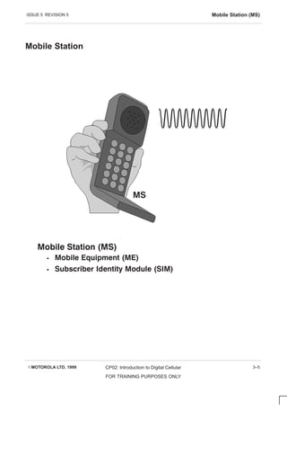 ISSUE 5 REVISION 5 Mobile Station (MS)
EMOTOROLA LTD. 1999 CP02: Introduction to Digital Cellular
FOR TRAINING PURPOSES ONLY
3–5
Mobile Station

   
S     
S          
 