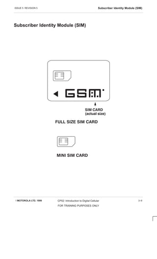 ISSUE 5 REVISION 5 Subscriber Identity Module (SIM)
EMOTOROLA LTD. 1999 CP02: Introduction to Digital Cellular
FOR TRAINING PURPOSES ONLY
3–9
Subscriber Identity Module (SIM)
  
 
    
    
 