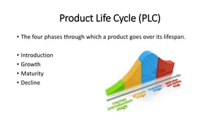 Product Life Cycle (PLC) 
• The four phases through which a product goes over its lifespan. 
• Introduction 
• Growth 
• Maturity 
• Decline 
 
