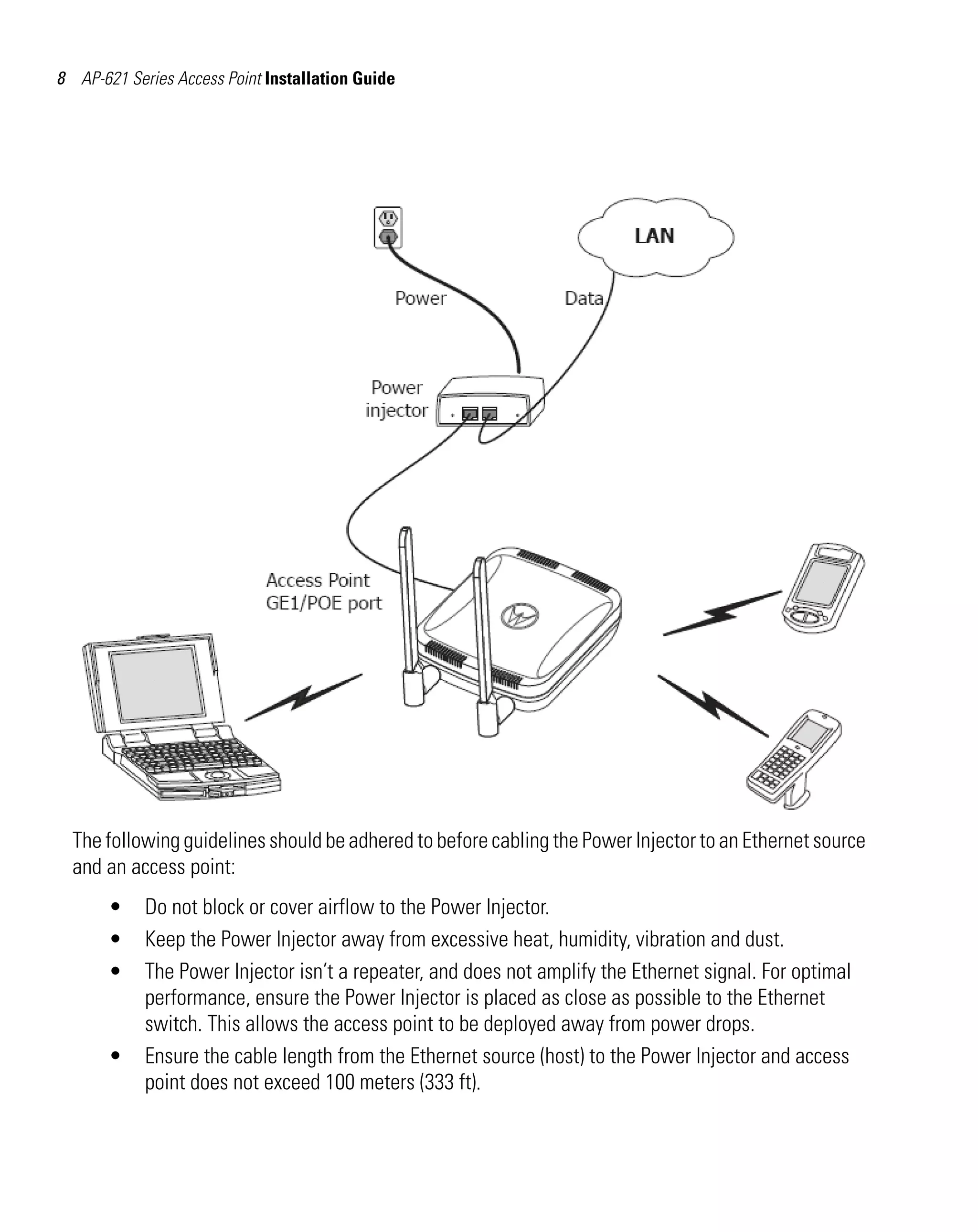 AP621 IG.book Page 8 Tuesday, September 20, 2011 3:18 PM

8 AP-621 Series Access Point Installation Guide

The following guidelines should be adhered to before cabling the Power Injector to an Ethernet source
and an access point:
•
•
•

•

Do not block or cover airflow to the Power Injector.
Keep the Power Injector away from excessive heat, humidity, vibration and dust.
The Power Injector isn’t a repeater, and does not amplify the Ethernet signal. For optimal
performance, ensure the Power Injector is placed as close as possible to the Ethernet
switch. This allows the access point to be deployed away from power drops.
Ensure the cable length from the Ethernet source (host) to the Power Injector and access
point does not exceed 100 meters (333 ft).

 