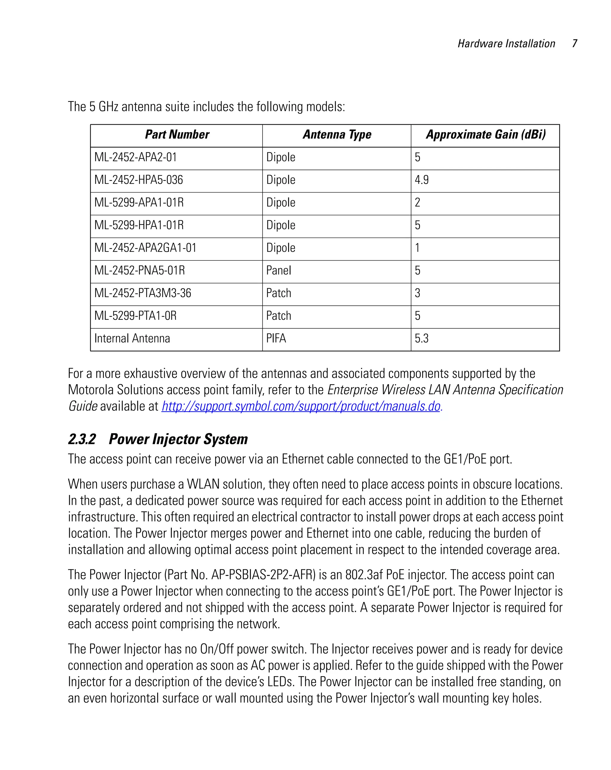 AP621 IG.book Page 7 Tuesday, September 20, 2011 3:18 PM




                                                                                            Hardware Installation   7




         The 5 GHz antenna suite includes the following models:
                            Part Number                             Antenna Type       Approximate Gain (dBi)
               ML-2452-APA2-01                             Dipole                  5
               ML-2452-HPA5-036                            Dipole                  4.9
               ML-5299-APA1-01R                            Dipole                  2
               ML-5299-HPA1-01R                            Dipole                  5
               ML-2452-APA2GA1-01                          Dipole                  1
               ML-2452-PNA5-01R                            Panel                   5
               ML-2452-PTA3M3-36                           Patch                   3
               ML-5299-PTA1-0R                             Patch                   5
               Internal Antenna                            PIFA                    5.3

         For a more exhaustive overview of the antennas and associated components supported by the
         Motorola Solutions access point family, refer to the Enterprise Wireless LAN Antenna Specification
         Guide available at http://support.symbol.com/support/product/manuals.do.

         2.3.2 Power Injector System
         The access point can receive power via an Ethernet cable connected to the GE1/PoE port.
         When users purchase a WLAN solution, they often need to place access points in obscure locations.
         In the past, a dedicated power source was required for each access point in addition to the Ethernet
         infrastructure. This often required an electrical contractor to install power drops at each access point
         location. The Power Injector merges power and Ethernet into one cable, reducing the burden of
         installation and allowing optimal access point placement in respect to the intended coverage area.
         The Power Injector (Part No. AP-PSBIAS-2P2-AFR) is an 802.3af PoE injector. The access point can
         only use a Power Injector when connecting to the access point’s GE1/PoE port. The Power Injector is
         separately ordered and not shipped with the access point. A separate Power Injector is required for
         each access point comprising the network.
         The Power Injector has no On/Off power switch. The Injector receives power and is ready for device
         connection and operation as soon as AC power is applied. Refer to the guide shipped with the Power
         Injector for a description of the device’s LEDs. The Power Injector can be installed free standing, on
         an even horizontal surface or wall mounted using the Power Injector’s wall mounting key holes.
 