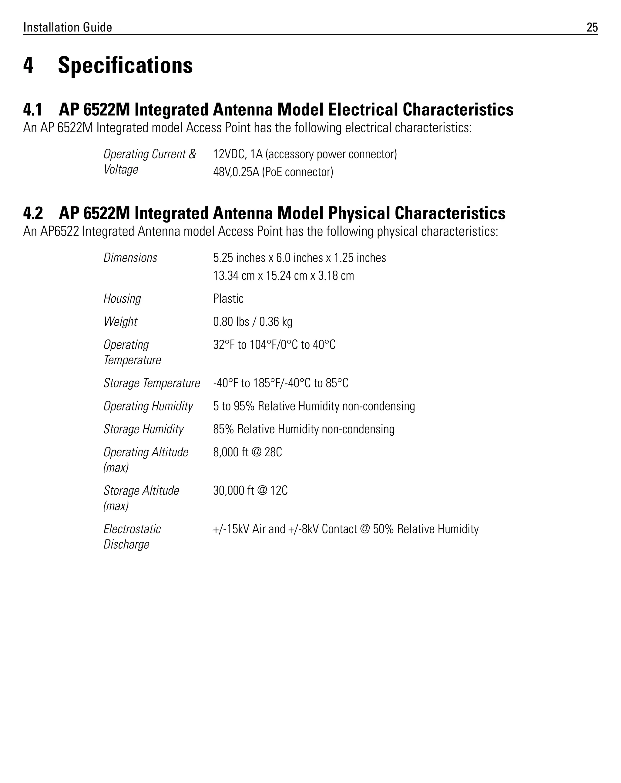 Installation Guide

4

25

Specifications

4.1 AP 6522M Integrated Antenna Model Electrical Characteristics
An AP 6522M Integrated model Access Point has the following electrical characteristics:
Operating Current &
Voltage

12VDC, 1A (accessory power connector)
48V,0.25A (PoE connector)

4.2 AP 6522M Integrated Antenna Model Physical Characteristics
An AP6522 Integrated Antenna model Access Point has the following physical characteristics:
Dimensions

5.25 inches x 6.0 inches x 1.25 inches
13.34 cm x 15.24 cm x 3.18 cm

Housing

Plastic

Weight

0.80 lbs / 0.36 kg

Operating
Temperature

32°F to 104°F/0°C to 40°C

Storage Temperature

-40°F to 185°F/-40°C to 85°C

Operating Humidity

5 to 95% Relative Humidity non-condensing

Storage Humidity

85% Relative Humidity non-condensing

Operating Altitude
(max)

8,000 ft @ 28C

Storage Altitude
(max)

30,000 ft @ 12C

Electrostatic
Discharge

+/-15kV Air and +/-8kV Contact @ 50% Relative Humidity

 