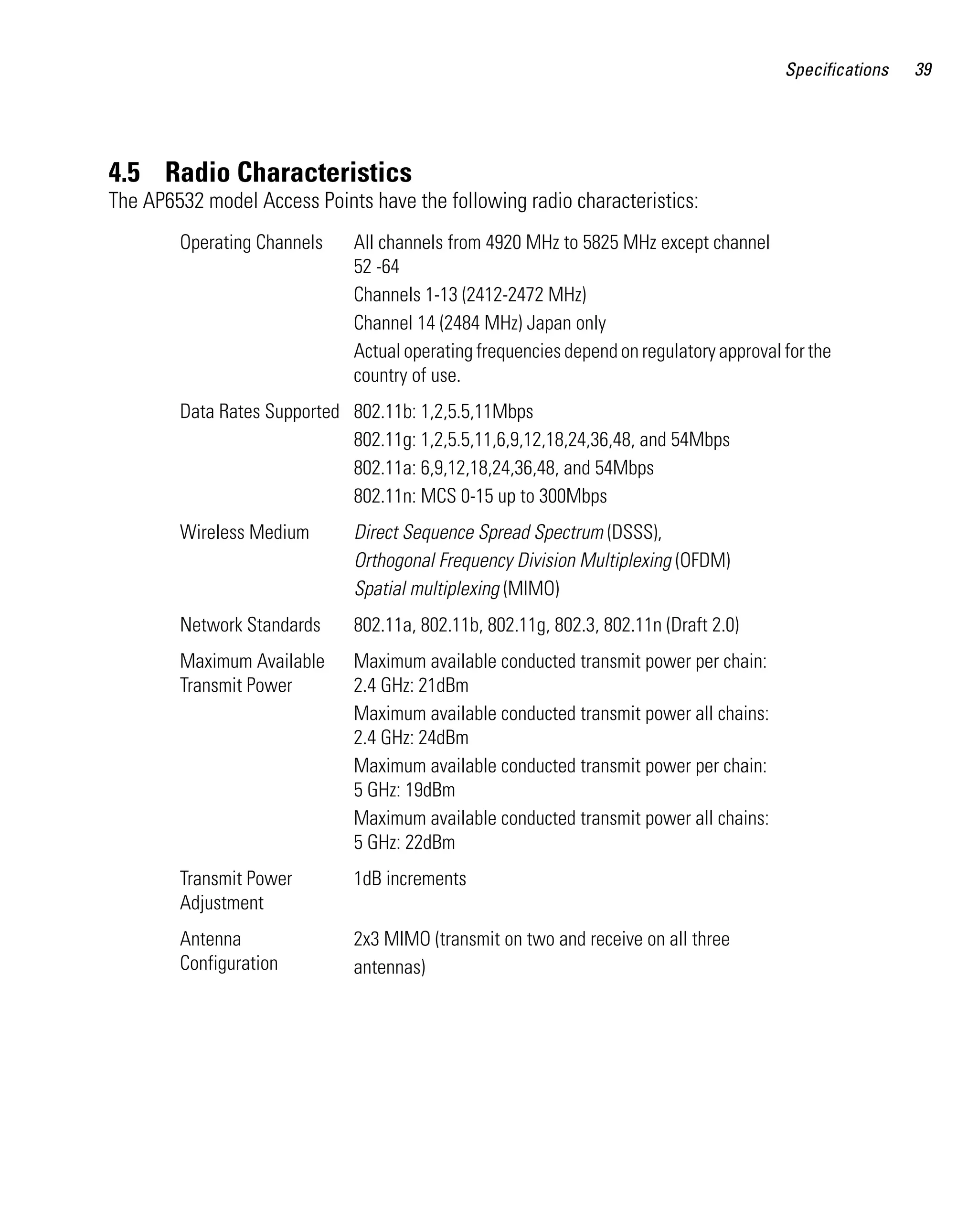 Specifications   39




4.5 Radio Characteristics
The AP6532 model Access Points have the following radio characteristics:
        Operating Channels    All channels from 4920 MHz to 5825 MHz except channel
                              52 -64
                              Channels 1-13 (2412-2472 MHz)
                              Channel 14 (2484 MHz) Japan only
                              Actual operating frequencies depend on regulatory approval for the
                              country of use.
        Data Rates Supported 802.11b: 1,2,5.5,11Mbps
                             802.11g: 1,2,5.5,11,6,9,12,18,24,36,48, and 54Mbps
                             802.11a: 6,9,12,18,24,36,48, and 54Mbps
                             802.11n: MCS 0-15 up to 300Mbps
        Wireless Medium       Direct Sequence Spread Spectrum (DSSS),
                              Orthogonal Frequency Division Multiplexing (OFDM)
                              Spatial multiplexing (MIMO)
        Network Standards     802.11a, 802.11b, 802.11g, 802.3, 802.11n (Draft 2.0)
        Maximum Available     Maximum available conducted transmit power per chain:
        Transmit Power        2.4 GHz: 21dBm
                              Maximum available conducted transmit power all chains:
                              2.4 GHz: 24dBm
                              Maximum available conducted transmit power per chain:
                              5 GHz: 19dBm
                              Maximum available conducted transmit power all chains:
                              5 GHz: 22dBm
        Transmit Power        1dB increments
        Adjustment
        Antenna               2x3 MIMO (transmit on two and receive on all three
        Configuration         antennas)
 