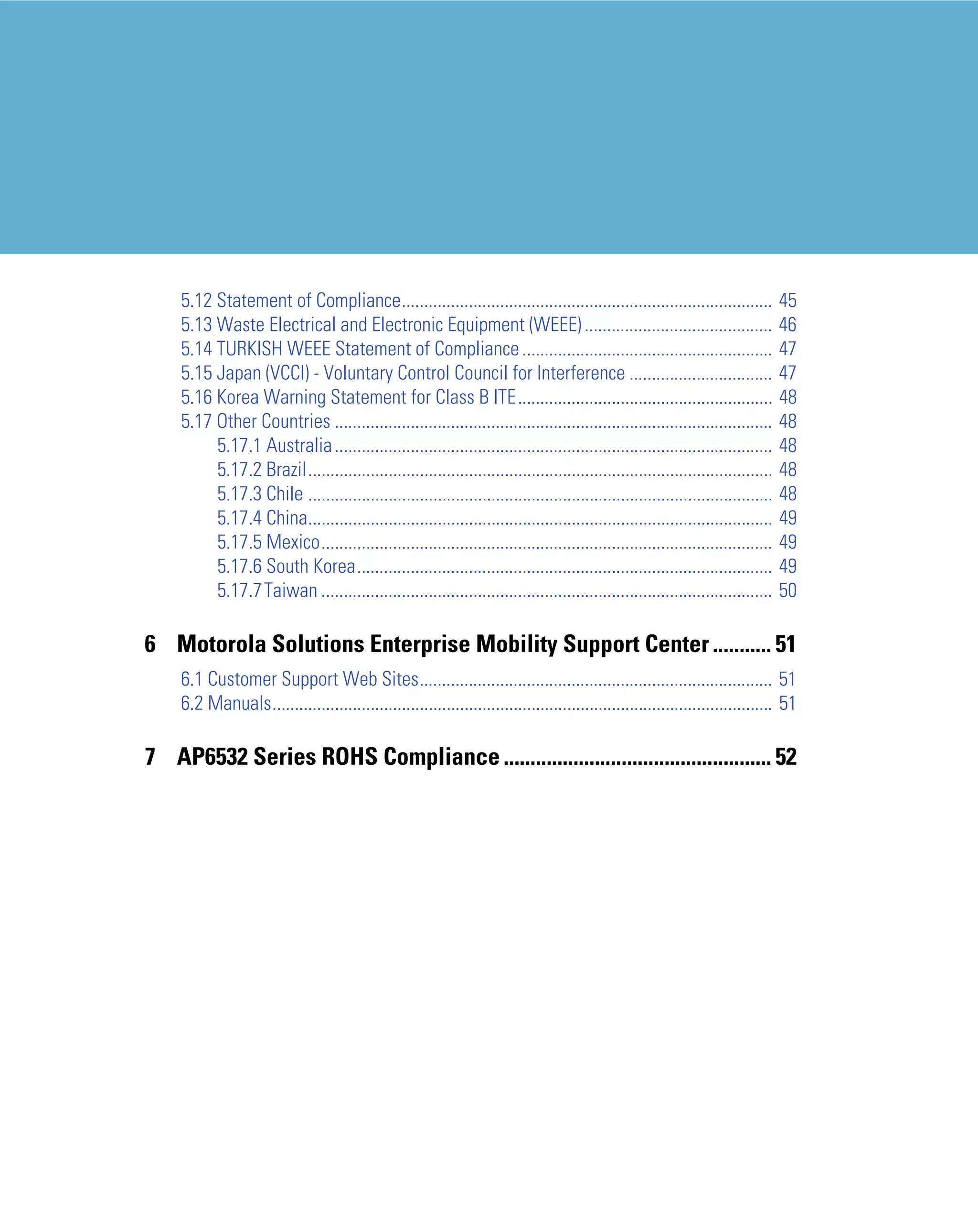 5.12 Statement of Compliance...................................................................................              45
    5.13 Waste Electrical and Electronic Equipment (WEEE) ..........................................                             46
    5.14 TURKISH WEEE Statement of Compliance ........................................................                           47
    5.15 Japan (VCCI) - Voluntary Control Council for Interference ................................                              47
    5.16 Korea Warning Statement for Class B ITE.........................................................                        48
    5.17 Other Countries ..................................................................................................      48
         5.17.1 Australia ..................................................................................................     48
         5.17.2 Brazil........................................................................................................   48
         5.17.3 Chile ........................................................................................................   48
         5.17.4 China........................................................................................................    49
         5.17.5 Mexico.....................................................................................................      49
         5.17.6 South Korea.............................................................................................         49
         5.17.7 Taiwan .....................................................................................................     50

6 Motorola Solutions Enterprise Mobility Support Center ........... 51
    6.1 Customer Support Web Sites............................................................................... 51
    6.2 Manuals................................................................................................................ 51

7 AP6532 Series ROHS Compliance .................................................. 52
 
