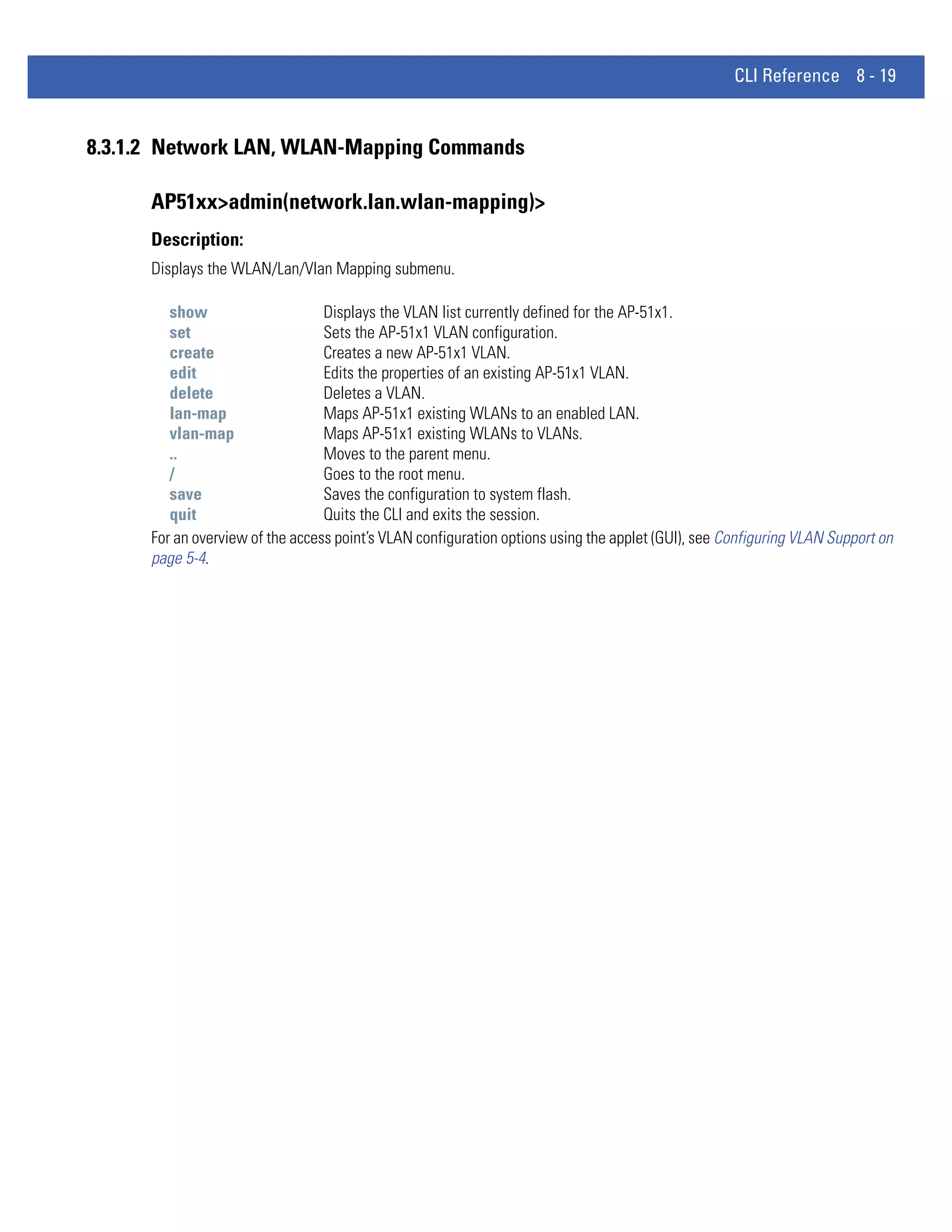 CLI Reference 8 - 19


8.3.1.2 Network LAN, WLAN-Mapping Commands

      AP51xx>admin(network.lan.wlan-mapping)>
      Description:
      Displays the WLAN/Lan/Vlan Mapping submenu.

         show                     Displays the VLAN list currently defined for the AP-51x1.
         set                      Sets the AP-51x1 VLAN configuration.
         create                   Creates a new AP-51x1 VLAN.
         edit                     Edits the properties of an existing AP-51x1 VLAN.
         delete                   Deletes a VLAN.
         lan-map                  Maps AP-51x1 existing WLANs to an enabled LAN.
         vlan-map                 Maps AP-51x1 existing WLANs to VLANs.
         ..                       Moves to the parent menu.
         /                        Goes to the root menu.
         save                     Saves the configuration to system flash.
         quit                     Quits the CLI and exits the session.
      For an overview of the access point’s VLAN configuration options using the applet (GUI), see Configuring VLAN Support on
      page 5-4.
 