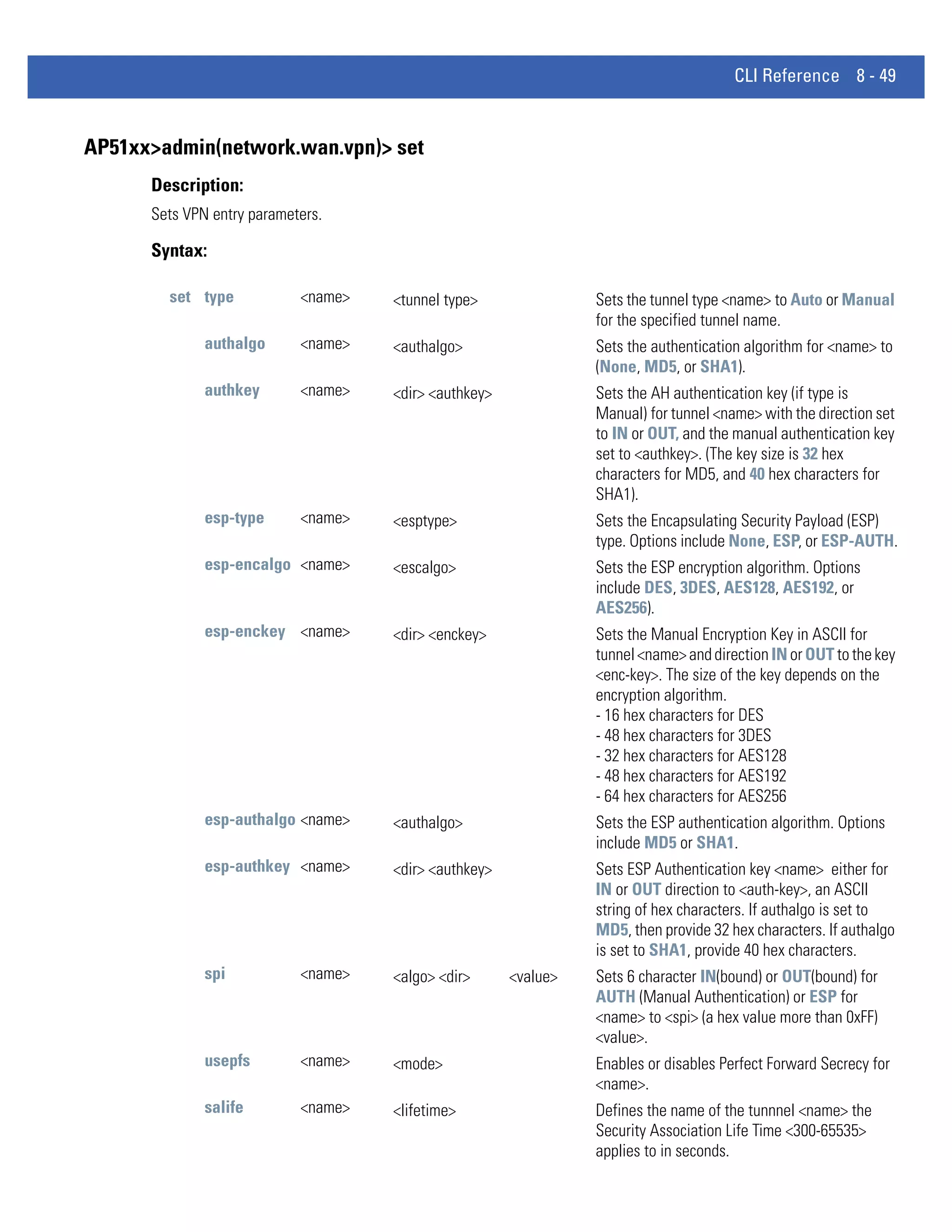 CLI Reference 8 - 49


AP51xx>admin(network.wan.vpn)> set
      Description:
      Sets VPN entry parameters.

      Syntax:

        set type            <name>   <tunnel type>               Sets the tunnel type <name> to Auto or Manual
                                                                 for the specified tunnel name.
              authalgo      <name>   <authalgo>                  Sets the authentication algorithm for <name> to
                                                                 (None, MD5, or SHA1).
              authkey       <name>   <dir> <authkey>             Sets the AH authentication key (if type is
                                                                 Manual) for tunnel <name> with the direction set
                                                                 to IN or OUT, and the manual authentication key
                                                                 set to <authkey>. (The key size is 32 hex
                                                                 characters for MD5, and 40 hex characters for
                                                                 SHA1).
              esp-type      <name>   <esptype>                   Sets the Encapsulating Security Payload (ESP)
                                                                 type. Options include None, ESP, or ESP-AUTH.
              esp-encalgo <name>     <escalgo>                   Sets the ESP encryption algorithm. Options
                                                                 include DES, 3DES, AES128, AES192, or
                                                                 AES256).
              esp-enckey <name>      <dir> <enckey>              Sets the Manual Encryption Key in ASCII for
                                                                 tunnel <name> and direction IN or OUT to the key
                                                                 <enc-key>. The size of the key depends on the
                                                                 encryption algorithm.
                                                                 - 16 hex characters for DES
                                                                 - 48 hex characters for 3DES
                                                                 - 32 hex characters for AES128
                                                                 - 48 hex characters for AES192
                                                                 - 64 hex characters for AES256
              esp-authalgo <name>    <authalgo>                  Sets the ESP authentication algorithm. Options
                                                                 include MD5 or SHA1.
              esp-authkey <name>     <dir> <authkey>             Sets ESP Authentication key <name> either for
                                                                 IN or OUT direction to <auth-key>, an ASCII
                                                                 string of hex characters. If authalgo is set to
                                                                 MD5, then provide 32 hex characters. If authalgo
                                                                 is set to SHA1, provide 40 hex characters.
              spi           <name>   <algo> <dir>      <value>   Sets 6 character IN(bound) or OUT(bound) for
                                                                 AUTH (Manual Authentication) or ESP for
                                                                 <name> to <spi> (a hex value more than 0xFF)
                                                                 <value>.
              usepfs        <name>   <mode>                      Enables or disables Perfect Forward Secrecy for
                                                                 <name>.
              salife        <name>   <lifetime>                  Defines the name of the tunnnel <name> the
                                                                 Security Association Life Time <300-65535>
                                                                 applies to in seconds.
 