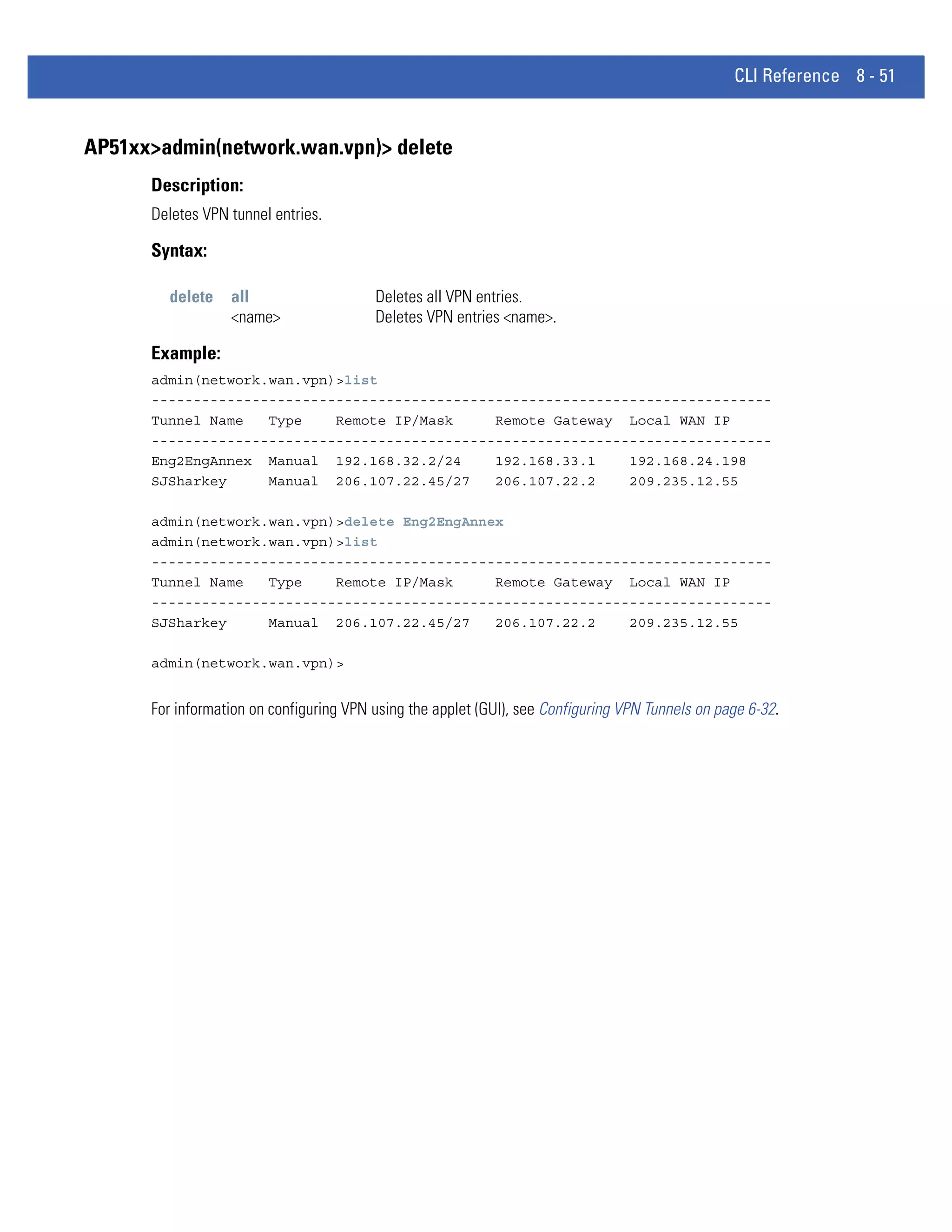 CLI Reference 8 - 51


AP51xx>admin(network.wan.vpn)> delete
      Description:
      Deletes VPN tunnel entries.

      Syntax:

        delete    all                    Deletes all VPN entries.
                  <name>                 Deletes VPN entries <name>.

      Example:
      admin(network.wan.vpn)>list
      --------------------------------------------------------------------------
      Tunnel Name   Type    Remote IP/Mask     Remote Gateway Local WAN IP
      --------------------------------------------------------------------------
      Eng2EngAnnex Manual 192.168.32.2/24      192.168.33.1    192.168.24.198
      SJSharkey     Manual 206.107.22.45/27    206.107.22.2    209.235.12.55

      admin(network.wan.vpn)>delete Eng2EngAnnex
      admin(network.wan.vpn)>list
      --------------------------------------------------------------------------
      Tunnel Name   Type    Remote IP/Mask     Remote Gateway Local WAN IP
      --------------------------------------------------------------------------
      SJSharkey     Manual 206.107.22.45/27    206.107.22.2    209.235.12.55

      admin(network.wan.vpn)>


      For information on configuring VPN using the applet (GUI), see Configuring VPN Tunnels on page 6-32.
 