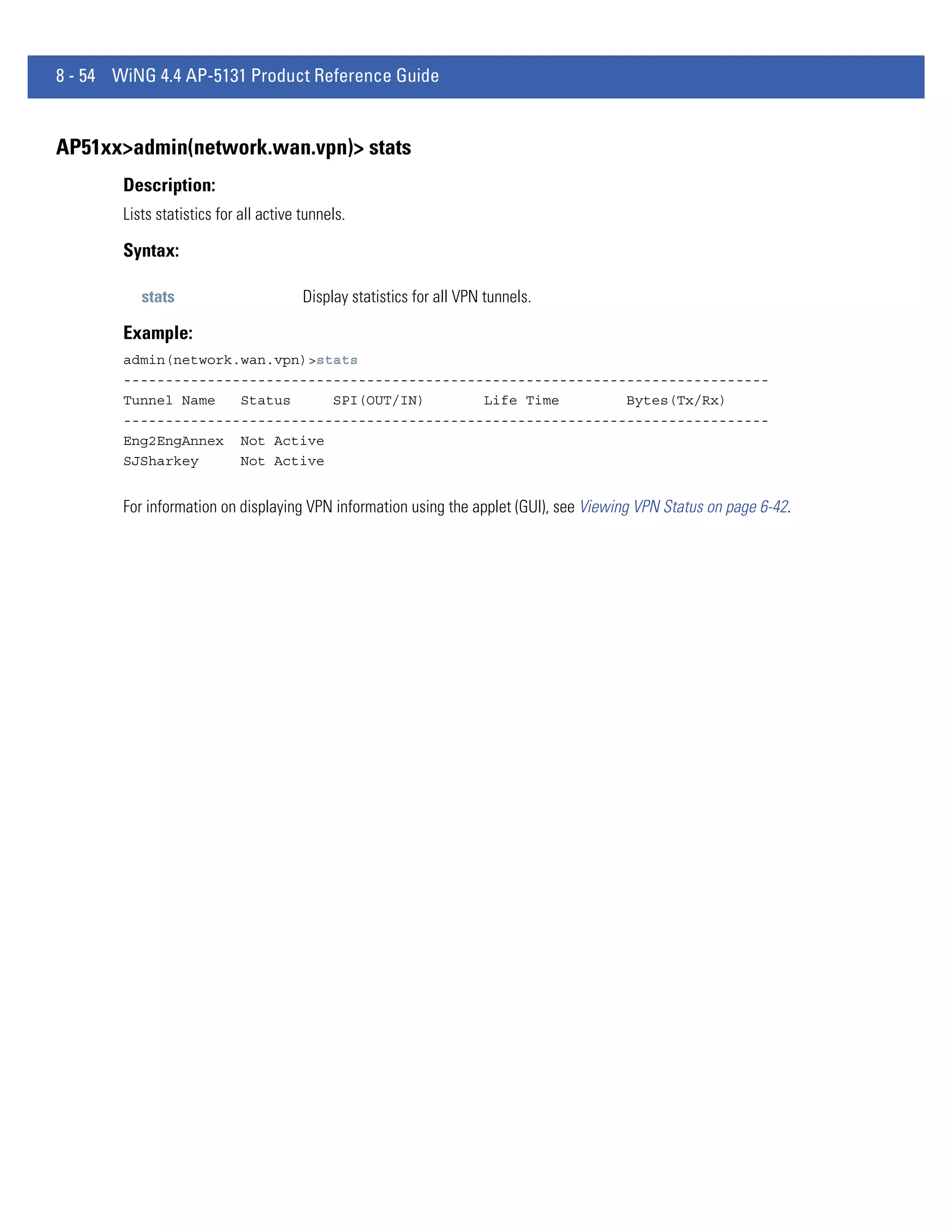 8 - 54 WiNG 4.4 AP-5131 Product Reference Guide


AP51xx>admin(network.wan.vpn)> stats
        Description:
        Lists statistics for all active tunnels.

        Syntax:

           stats                        Display statistics for all VPN tunnels.

        Example:
        admin(network.wan.vpn)>stats
        -----------------------------------------------------------------------------
        Tunnel Name   Status     SPI(OUT/IN)       Life Time        Bytes(Tx/Rx)
        -----------------------------------------------------------------------------
        Eng2EngAnnex Not Active
        SJSharkey     Not Active


        For information on displaying VPN information using the applet (GUI), see Viewing VPN Status on page 6-42.
 
