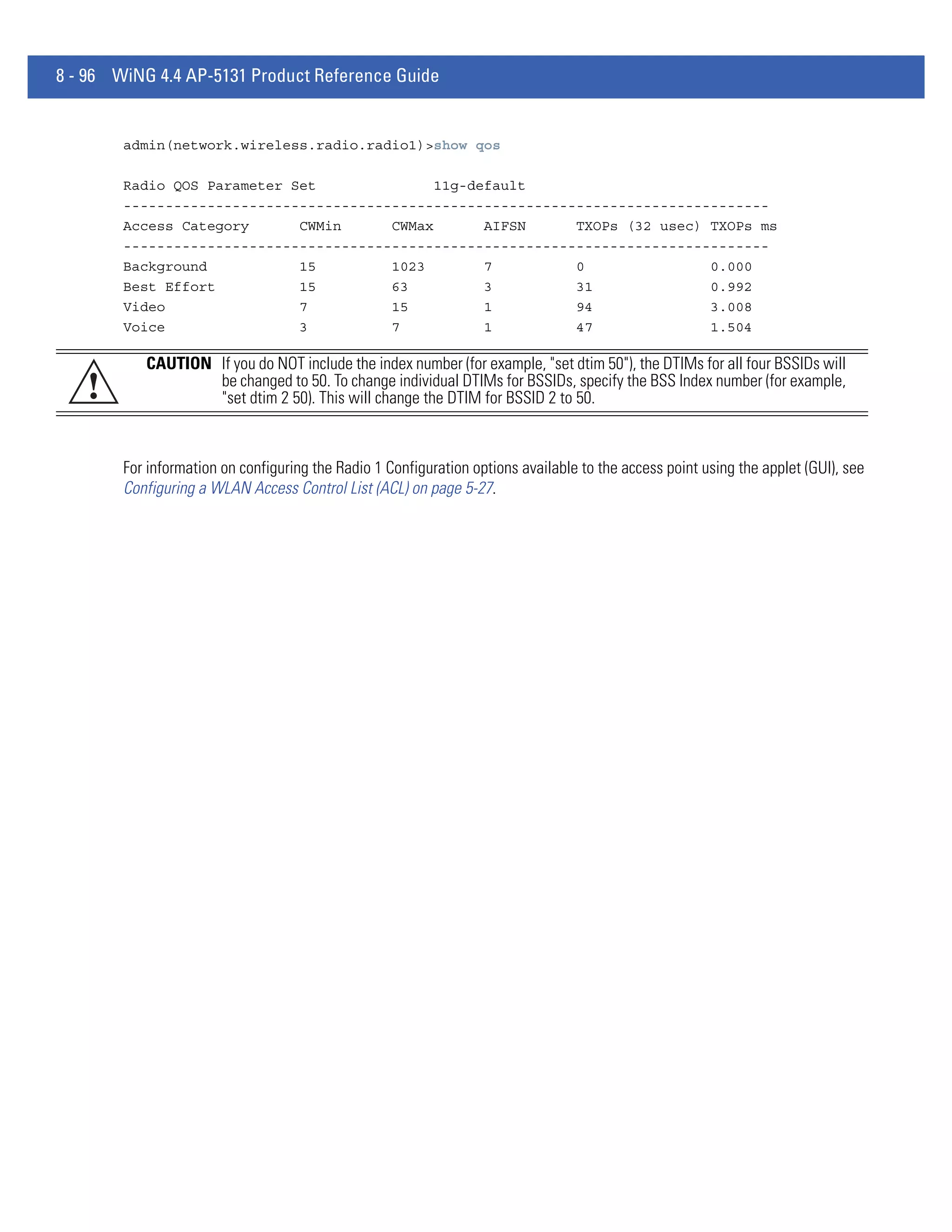 8 - 96 WiNG 4.4 AP-5131 Product Reference Guide


        admin(network.wireless.radio.radio1)>show qos

        Radio QOS Parameter Set               11g-default
        -----------------------------------------------------------------------------
        Access Category      CWMin      CWMax       AIFSN     TXOPs (32 usec) TXOPs ms
        -----------------------------------------------------------------------------
        Background           15         1023        7         0               0.000
        Best Effort          15         63          3         31              0.992
        Video                7          15          1         94              3.008
        Voice                3          7           1         47              1.504

           CAUTION If you do NOT include the index number (for example, "set dtim 50"), the DTIMs for all four BSSIDs will
   !               be changed to 50. To change individual DTIMs for BSSIDs, specify the BSS Index number (for example,
                   "set dtim 2 50). This will change the DTIM for BSSID 2 to 50.



        For information on configuring the Radio 1 Configuration options available to the access point using the applet (GUI), see
        Configuring a WLAN Access Control List (ACL) on page 5-27.
 