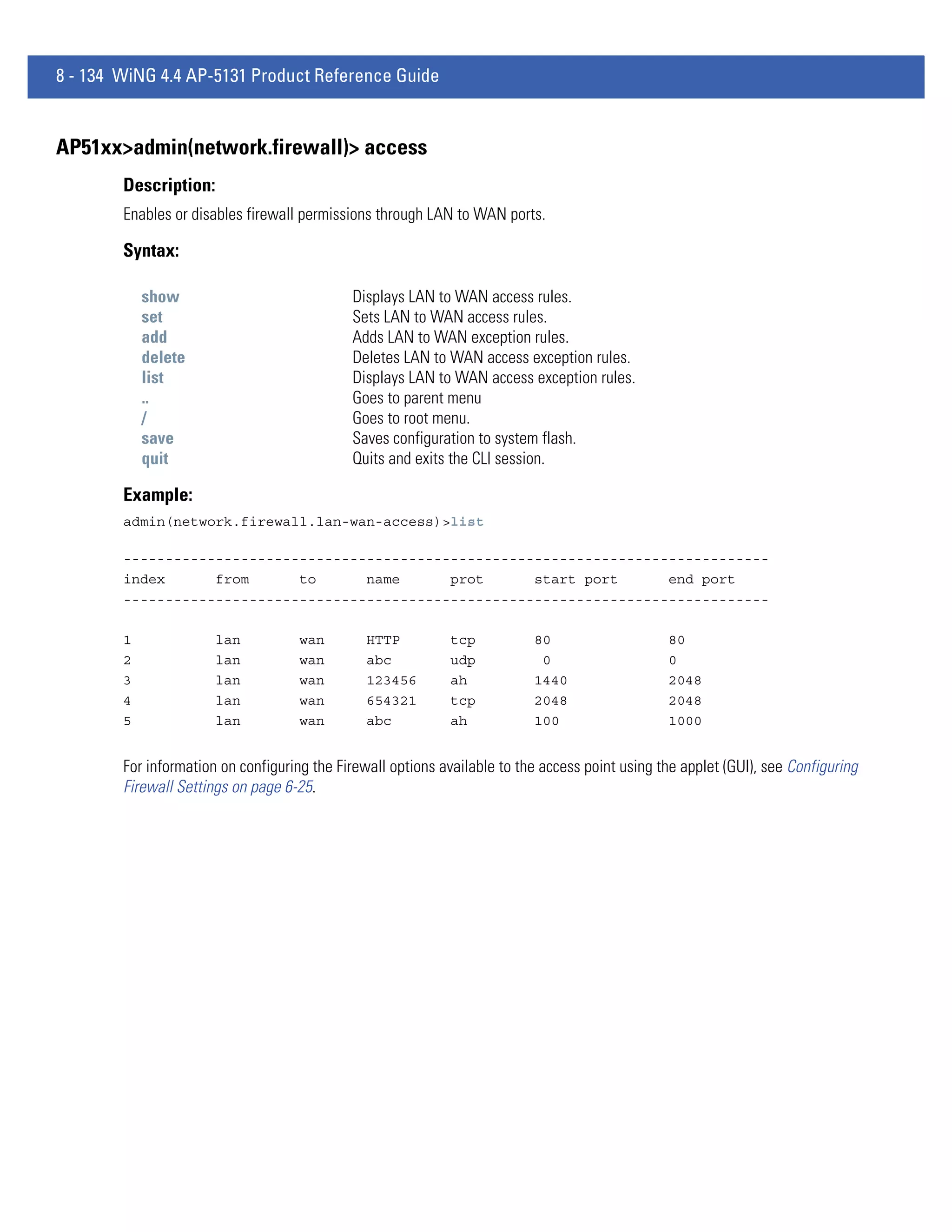 8 - 134 WiNG 4.4 AP-5131 Product Reference Guide


AP51xx>admin(network.firewall)> access
        Description:
        Enables or disables firewall permissions through LAN to WAN ports.

        Syntax:

            show                             Displays LAN to WAN access rules.
            set                              Sets LAN to WAN access rules.
            add                              Adds LAN to WAN exception rules.
            delete                           Deletes LAN to WAN access exception rules.
            list                             Displays LAN to WAN access exception rules.
            ..                               Goes to parent menu
            /                                Goes to root menu.
            save                             Saves configuration to system flash.
            quit                             Quits and exits the CLI session.

        Example:
        admin(network.firewall.lan-wan-access)>list

        -----------------------------------------------------------------------------
        index      from      to      name      prot      start port      end port
        -----------------------------------------------------------------------------

        1              lan           wan        HTTP         tcp           80                    80
        2              lan           wan        abc          udp            0                    0
        3              lan           wan        123456       ah            1440                  2048
        4              lan           wan        654321       tcp           2048                  2048
        5              lan           wan        abc          ah            100                   1000


        For information on configuring the Firewall options available to the access point using the applet (GUI), see Configuring
        Firewall Settings on page 6-25.
 