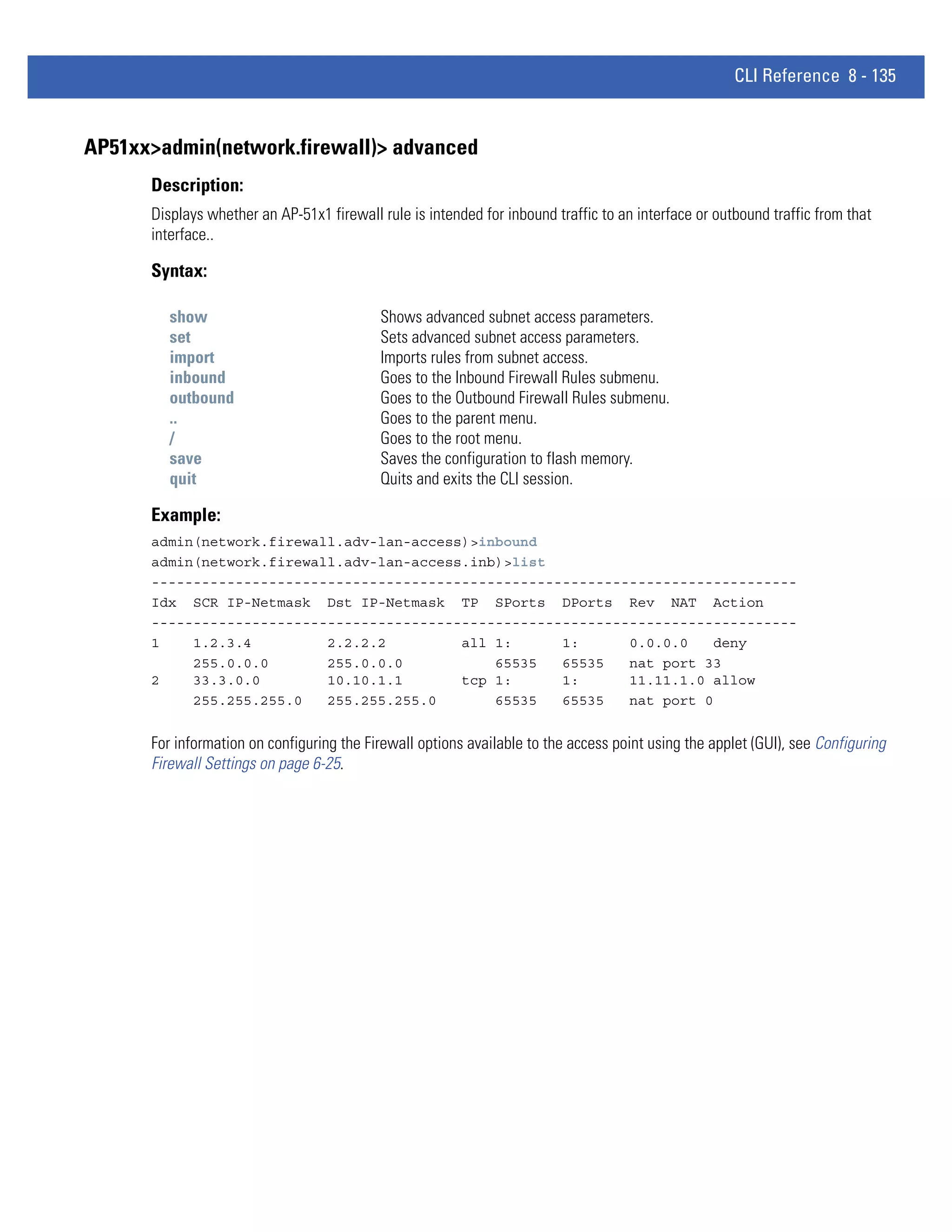 CLI Reference 8 - 135


AP51xx>admin(network.firewall)> advanced
      Description:
      Displays whether an AP-51x1 firewall rule is intended for inbound traffic to an interface or outbound traffic from that
      interface..

      Syntax:

         show                              Shows advanced subnet access parameters.
         set                               Sets advanced subnet access parameters.
         import                            Imports rules from subnet access.
         inbound                           Goes to the Inbound Firewall Rules submenu.
         outbound                          Goes to the Outbound Firewall Rules submenu.
         ..                                Goes to the parent menu.
         /                                 Goes to the root menu.
         save                              Saves the configuration to flash memory.
         quit                              Quits and exits the CLI session.

      Example:
      admin(network.firewall.adv-lan-access)>inbound
      admin(network.firewall.adv-lan-access.inb)>list
      -----------------------------------------------------------------------------
      Idx SCR IP-Netmask Dst IP-Netmask TP SPorts DPorts Rev NAT Action
      -----------------------------------------------------------------------------
      1    1.2.3.4         2.2.2.2         all 1:      1:      0.0.0.0    deny
           255.0.0.0       255.0.0.0           65535   65535   nat port 33
      2    33.3.0.0        10.10.1.1       tcp 1:      1:      11.11.1.0 allow
           255.255.255.0   255.255.255.0       65535   65535   nat port 0


      For information on configuring the Firewall options available to the access point using the applet (GUI), see Configuring
      Firewall Settings on page 6-25.
 