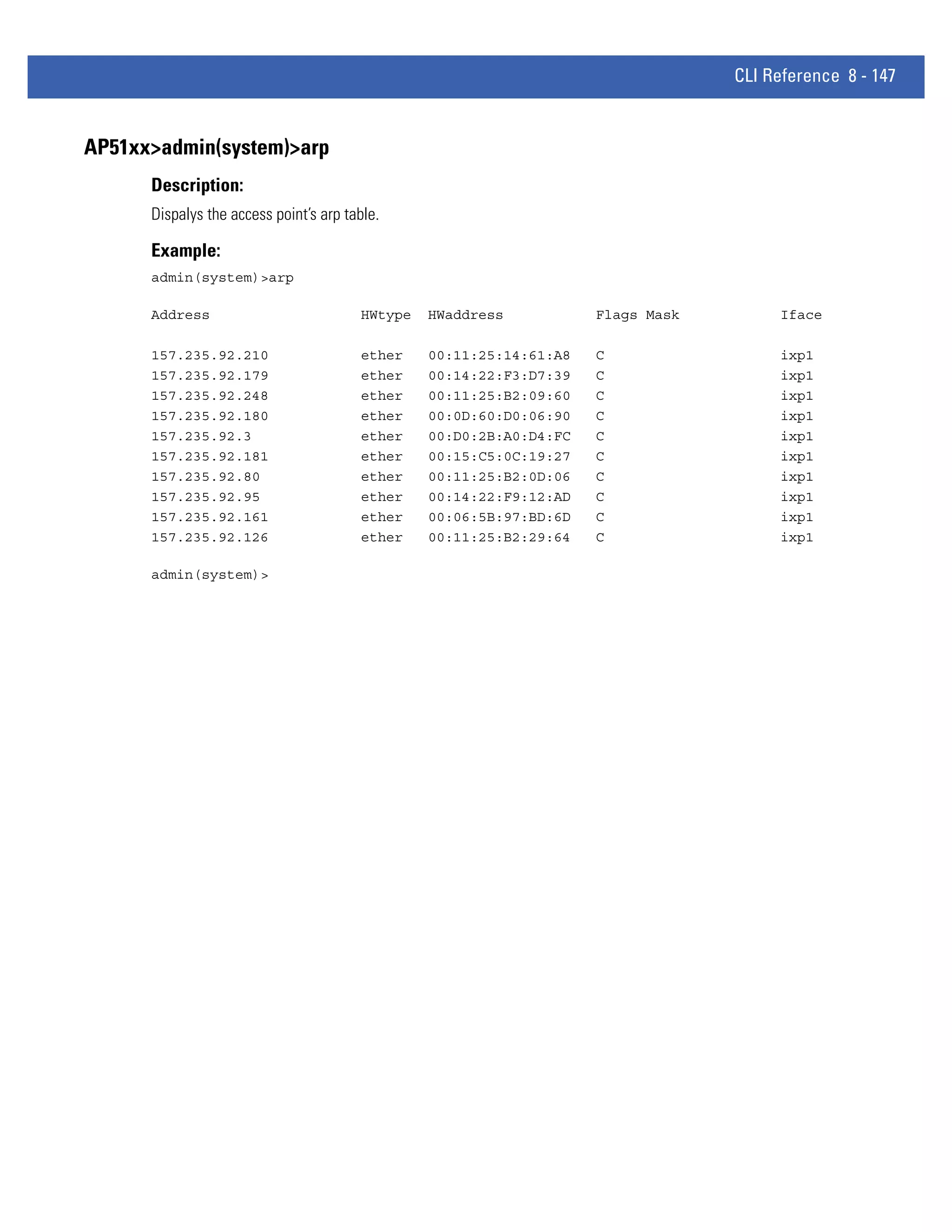 CLI Reference 8 - 147


AP51xx>admin(system)>arp
      Description:
      Dispalys the access point’s arp table.

      Example:
      admin(system)>arp

      Address                           HWtype   HWaddress           Flags Mask        Iface

      157.235.92.210                    ether    00:11:25:14:61:A8   C                 ixp1
      157.235.92.179                    ether    00:14:22:F3:D7:39   C                 ixp1
      157.235.92.248                    ether    00:11:25:B2:09:60   C                 ixp1
      157.235.92.180                    ether    00:0D:60:D0:06:90   C                 ixp1
      157.235.92.3                      ether    00:D0:2B:A0:D4:FC   C                 ixp1
      157.235.92.181                    ether    00:15:C5:0C:19:27   C                 ixp1
      157.235.92.80                     ether    00:11:25:B2:0D:06   C                 ixp1
      157.235.92.95                     ether    00:14:22:F9:12:AD   C                 ixp1
      157.235.92.161                    ether    00:06:5B:97:BD:6D   C                 ixp1
      157.235.92.126                    ether    00:11:25:B2:29:64   C                 ixp1

      admin(system)>
 