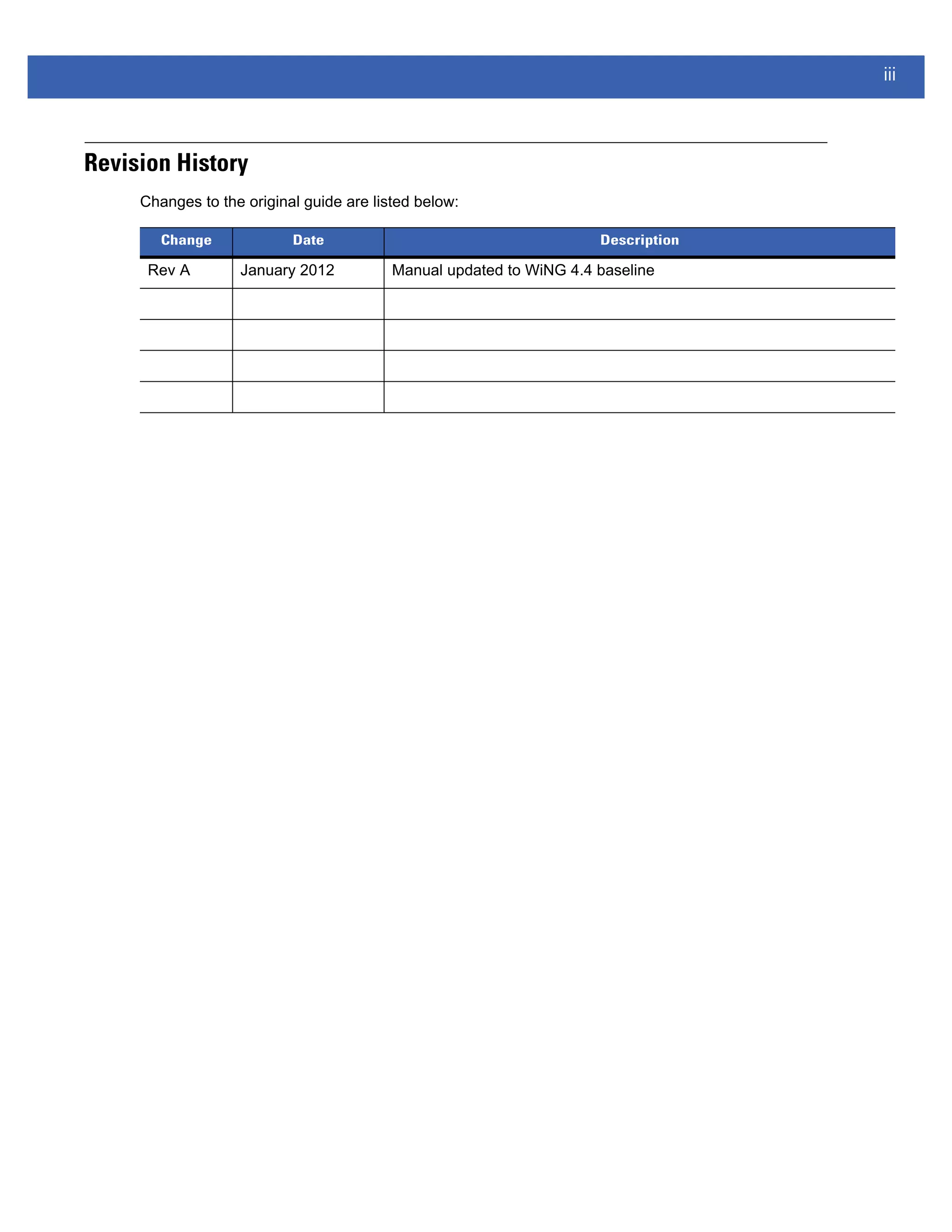 iii



Revision History
     Changes to the original guide are listed below:

        Change             Date                                      Description

      Rev A        January 2012           Manual updated to WiNG 4.4 baseline
 