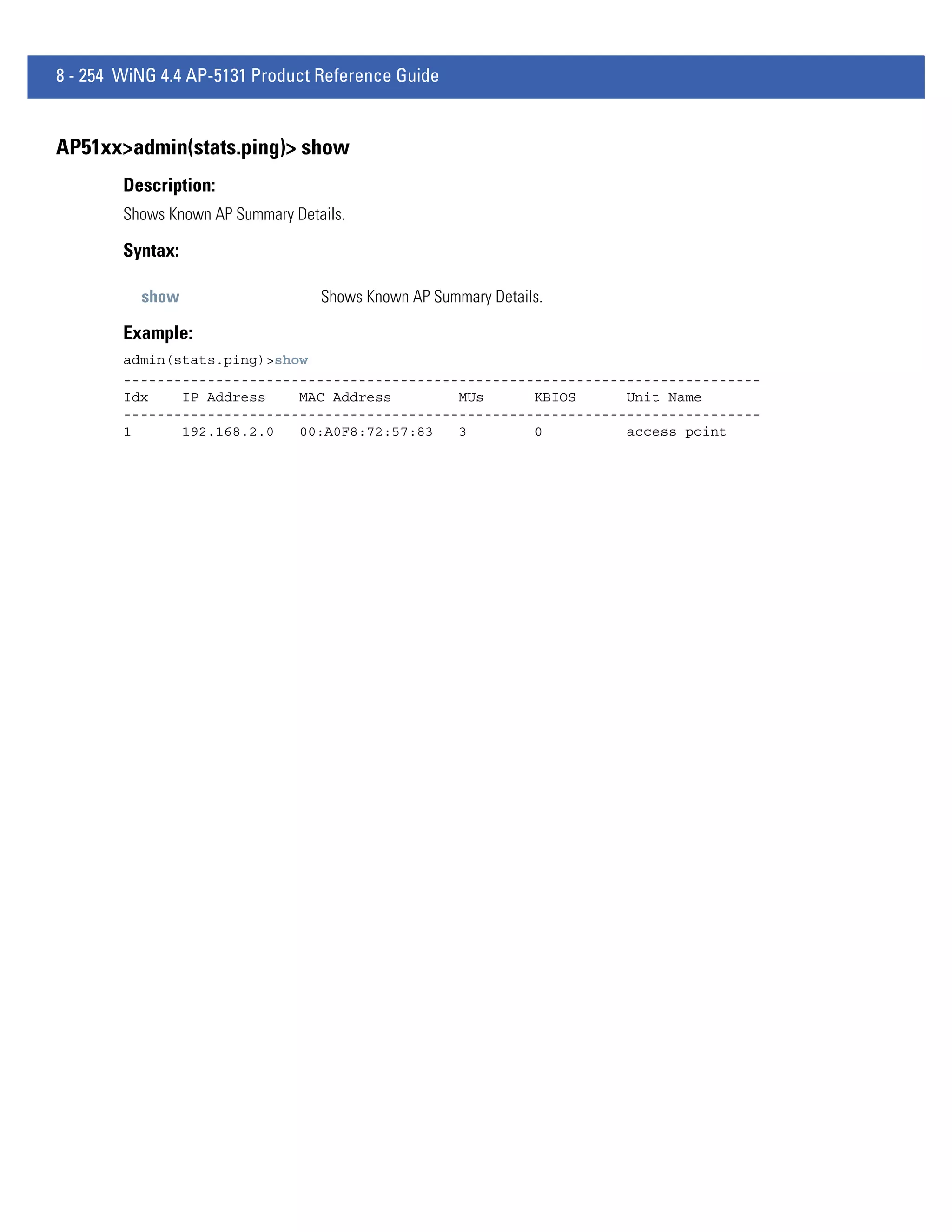 8 - 254 WiNG 4.4 AP-5131 Product Reference Guide


AP51xx>admin(stats.ping)> show
        Description:
        Shows Known AP Summary Details.

        Syntax:

          show                     Shows Known AP Summary Details.

        Example:
        admin(stats.ping)>show
        ----------------------------------------------------------------------------
        Idx    IP Address    MAC Address        MUs      KBIOS      Unit Name
        ----------------------------------------------------------------------------
        1      192.168.2.0   00:A0F8:72:57:83   3        0          access point
 