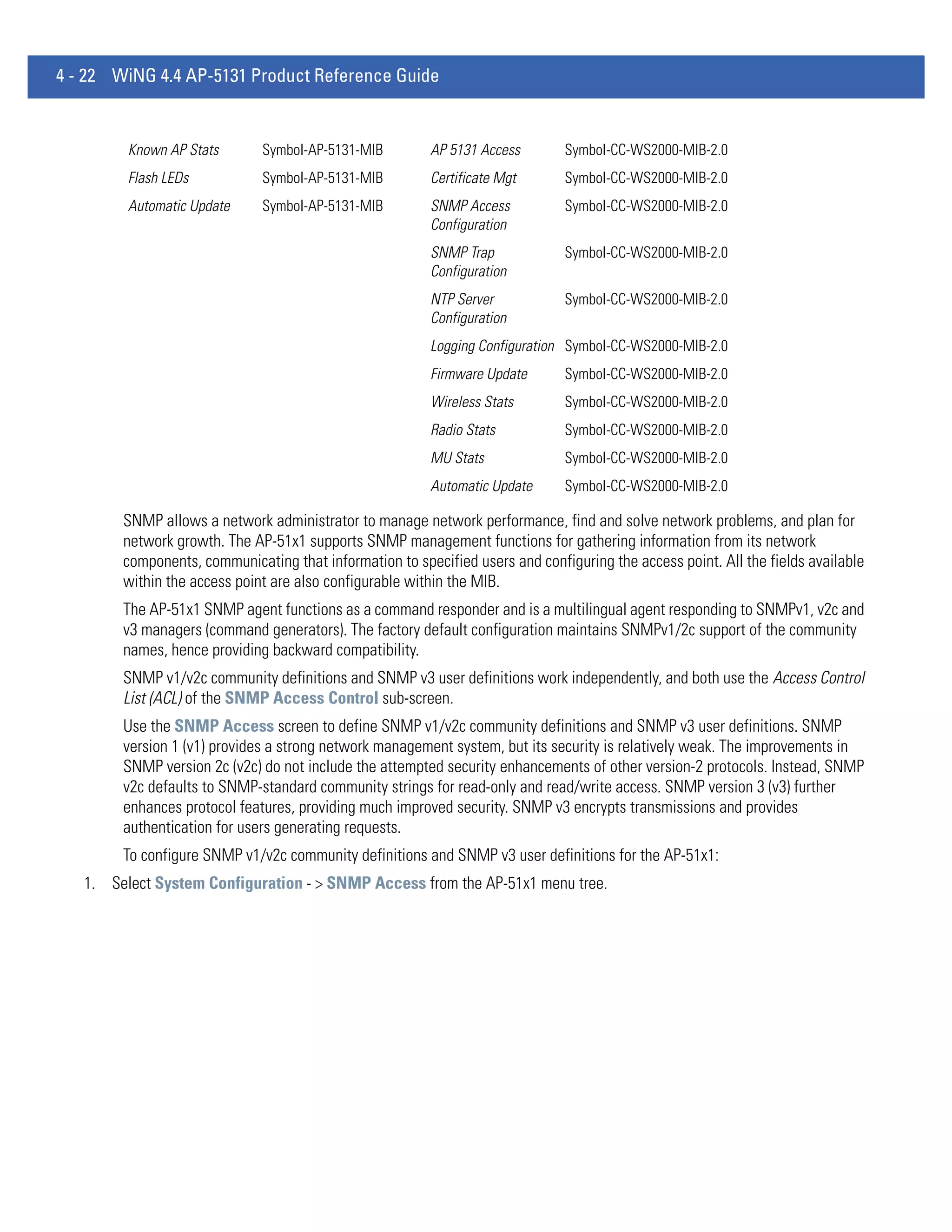 4 - 22 WiNG 4.4 AP-5131 Product Reference Guide


         Known AP Stats       Symbol-AP-5131-MIB         AP 5131 Access        Symbol-CC-WS2000-MIB-2.0
         Flash LEDs           Symbol-AP-5131-MIB         Certificate Mgt       Symbol-CC-WS2000-MIB-2.0
         Automatic Update     Symbol-AP-5131-MIB         SNMP Access           Symbol-CC-WS2000-MIB-2.0
                                                         Configuration
                                                         SNMP Trap             Symbol-CC-WS2000-MIB-2.0
                                                         Configuration
                                                         NTP Server            Symbol-CC-WS2000-MIB-2.0
                                                         Configuration
                                                         Logging Configuration Symbol-CC-WS2000-MIB-2.0
                                                         Firmware Update       Symbol-CC-WS2000-MIB-2.0
                                                         Wireless Stats        Symbol-CC-WS2000-MIB-2.0
                                                         Radio Stats           Symbol-CC-WS2000-MIB-2.0
                                                         MU Stats              Symbol-CC-WS2000-MIB-2.0
                                                         Automatic Update      Symbol-CC-WS2000-MIB-2.0

        SNMP allows a network administrator to manage network performance, find and solve network problems, and plan for
        network growth. The AP-51x1 supports SNMP management functions for gathering information from its network
        components, communicating that information to specified users and configuring the access point. All the fields available
        within the access point are also configurable within the MIB.
        The AP-51x1 SNMP agent functions as a command responder and is a multilingual agent responding to SNMPv1, v2c and
        v3 managers (command generators). The factory default configuration maintains SNMPv1/2c support of the community
        names, hence providing backward compatibility.
        SNMP v1/v2c community definitions and SNMP v3 user definitions work independently, and both use the Access Control
        List (ACL) of the SNMP Access Control sub-screen.
        Use the SNMP Access screen to define SNMP v1/v2c community definitions and SNMP v3 user definitions. SNMP
        version 1 (v1) provides a strong network management system, but its security is relatively weak. The improvements in
        SNMP version 2c (v2c) do not include the attempted security enhancements of other version-2 protocols. Instead, SNMP
        v2c defaults to SNMP-standard community strings for read-only and read/write access. SNMP version 3 (v3) further
        enhances protocol features, providing much improved security. SNMP v3 encrypts transmissions and provides
        authentication for users generating requests.
        To configure SNMP v1/v2c community definitions and SNMP v3 user definitions for the AP-51x1:
   1. Select System Configuration - > SNMP Access from the AP-51x1 menu tree.
 