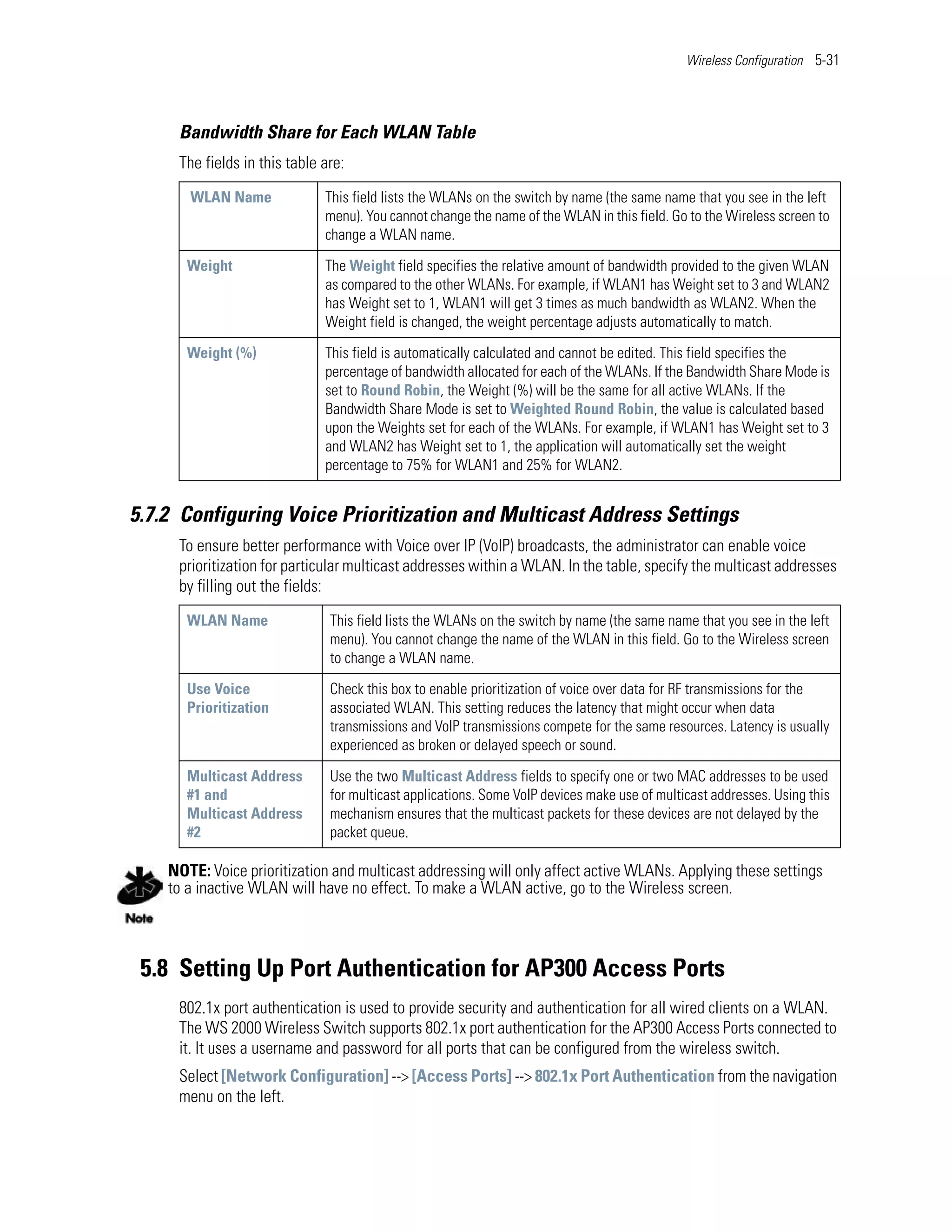 Wireless Configuration 5-31




     Bandwidth Share for Each WLAN Table
     The fields in this table are:
       WLAN Name              This field lists the WLANs on the switch by name (the same name that you see in the left
                              menu). You cannot change the name of the WLAN in this field. Go to the Wireless screen to
                              change a WLAN name.

       Weight                 The Weight field specifies the relative amount of bandwidth provided to the given WLAN
                              as compared to the other WLANs. For example, if WLAN1 has Weight set to 3 and WLAN2
                              has Weight set to 1, WLAN1 will get 3 times as much bandwidth as WLAN2. When the
                              Weight field is changed, the weight percentage adjusts automatically to match.

       Weight (%)             This field is automatically calculated and cannot be edited. This field specifies the
                              percentage of bandwidth allocated for each of the WLANs. If the Bandwidth Share Mode is
                              set to Round Robin, the Weight (%) will be the same for all active WLANs. If the
                              Bandwidth Share Mode is set to Weighted Round Robin, the value is calculated based
                              upon the Weights set for each of the WLANs. For example, if WLAN1 has Weight set to 3
                              and WLAN2 has Weight set to 1, the application will automatically set the weight
                              percentage to 75% for WLAN1 and 25% for WLAN2.


5.7.2 Configuring Voice Prioritization and Multicast Address Settings
     To ensure better performance with Voice over IP (VoIP) broadcasts, the administrator can enable voice
     prioritization for particular multicast addresses within a WLAN. In the table, specify the multicast addresses
     by filling out the fields:
       WLAN Name               This field lists the WLANs on the switch by name (the same name that you see in the left
                               menu). You cannot change the name of the WLAN in this field. Go to the Wireless screen
                               to change a WLAN name.

       Use Voice               Check this box to enable prioritization of voice over data for RF transmissions for the
       Prioritization          associated WLAN. This setting reduces the latency that might occur when data
                               transmissions and VoIP transmissions compete for the same resources. Latency is usually
                               experienced as broken or delayed speech or sound.

       Multicast Address       Use the two Multicast Address fields to specify one or two MAC addresses to be used
       #1 and                  for multicast applications. Some VoIP devices make use of multicast addresses. Using this
       Multicast Address       mechanism ensures that the multicast packets for these devices are not delayed by the
       #2                      packet queue.

    NOTE: Voice prioritization and multicast addressing will only affect active WLANs. Applying these settings
    to a inactive WLAN will have no effect. To make a WLAN active, go to the Wireless screen.



 5.8 Setting Up Port Authentication for AP300 Access Ports
     802.1x port authentication is used to provide security and authentication for all wired clients on a WLAN.
     The WS 2000 Wireless Switch supports 802.1x port authentication for the AP300 Access Ports connected to
     it. It uses a username and password for all ports that can be configured from the wireless switch.
     Select [Network Configuration] --> [Access Ports] --> 802.1x Port Authentication from the navigation
     menu on the left.
 