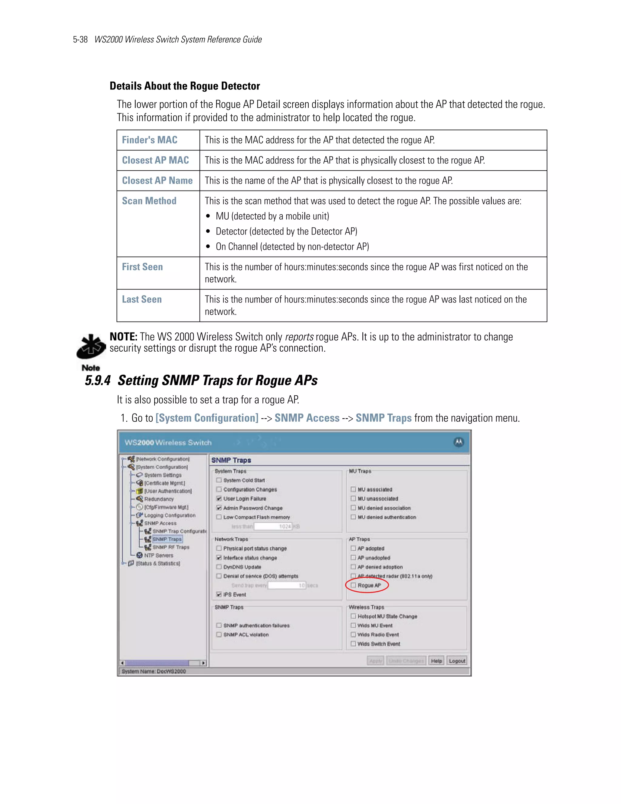 5-38 WS2000 Wireless Switch System Reference Guide




         Details About the Rogue Detector
           The lower portion of the Rogue AP Detail screen displays information about the AP that detected the rogue.
           This information if provided to the administrator to help located the rogue.
            Finder's MAC          This is the MAC address for the AP that detected the rogue AP.

            Closest AP MAC        This is the MAC address for the AP that is physically closest to the rogue AP.

            Closest AP Name       This is the name of the AP that is physically closest to the rogue AP.

            Scan Method           This is the scan method that was used to detect the rogue AP. The possible values are:
                                  • MU (detected by a mobile unit)
                                  • Detector (detected by the Detector AP)
                                  • On Channel (detected by non-detector AP)

            First Seen            This is the number of hours:minutes:seconds since the rogue AP was first noticed on the
                                  network.

            Last Seen             This is the number of hours:minutes:seconds since the rogue AP was last noticed on the
                                  network.

         NOTE: The WS 2000 Wireless Switch only reports rogue APs. It is up to the administrator to change
         security settings or disrupt the rogue AP’s connection.


   5.9.4 Setting SNMP Traps for Rogue APs
           It is also possible to set a trap for a rogue AP.
            1. Go to [System Configuration] --> SNMP Access --> SNMP Traps from the navigation menu.
 