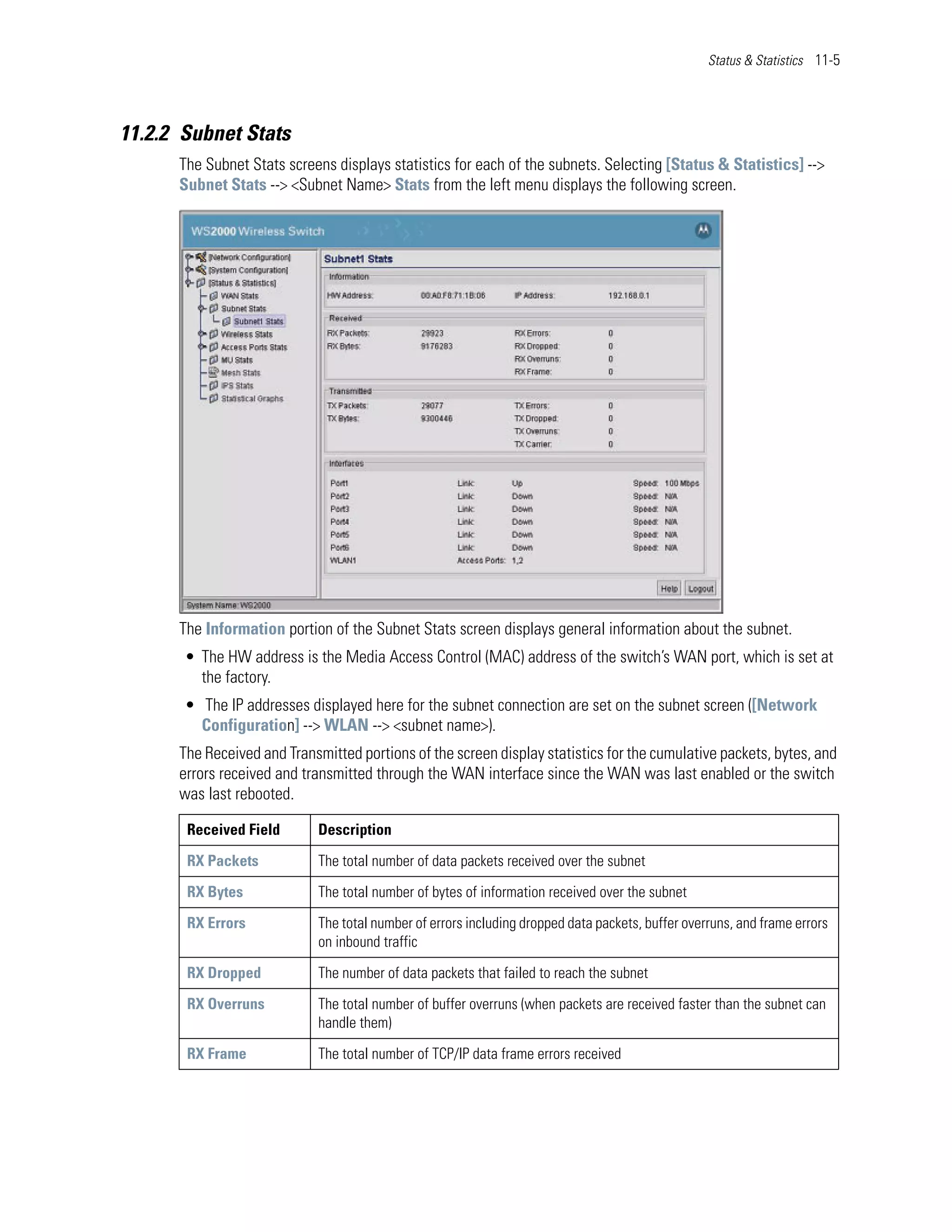 Status & Statistics 11-5




11.2.2 Subnet Stats
      The Subnet Stats screens displays statistics for each of the subnets. Selecting [Status & Statistics] -->
      Subnet Stats --> <Subnet Name> Stats from the left menu displays the following screen.




      The Information portion of the Subnet Stats screen displays general information about the subnet.
       • The HW address is the Media Access Control (MAC) address of the switch’s WAN port, which is set at
         the factory.
       • The IP addresses displayed here for the subnet connection are set on the subnet screen ([Network
         Configuration] --> WLAN --> <subnet name>).
      The Received and Transmitted portions of the screen display statistics for the cumulative packets, bytes, and
      errors received and transmitted through the WAN interface since the WAN was last enabled or the switch
      was last rebooted.

       Received Field        Description

       RX Packets            The total number of data packets received over the subnet

       RX Bytes              The total number of bytes of information received over the subnet

       RX Errors             The total number of errors including dropped data packets, buffer overruns, and frame errors
                             on inbound traffic

       RX Dropped            The number of data packets that failed to reach the subnet

       RX Overruns           The total number of buffer overruns (when packets are received faster than the subnet can
                             handle them)

       RX Frame              The total number of TCP/IP data frame errors received
 