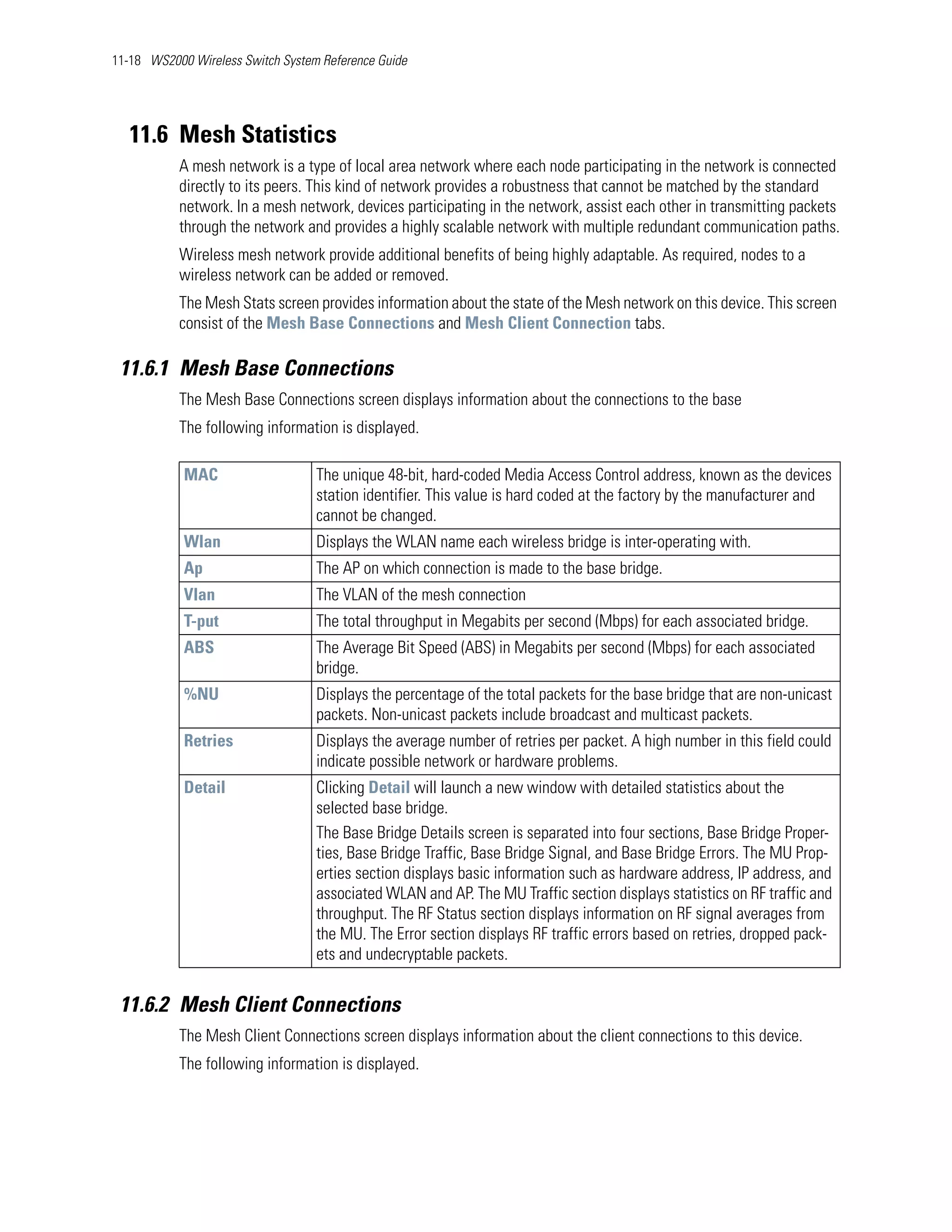 11-18 WS2000 Wireless Switch System Reference Guide




   11.6 Mesh Statistics
           A mesh network is a type of local area network where each node participating in the network is connected
           directly to its peers. This kind of network provides a robustness that cannot be matched by the standard
           network. In a mesh network, devices participating in the network, assist each other in transmitting packets
           through the network and provides a highly scalable network with multiple redundant communication paths.
           Wireless mesh network provide additional benefits of being highly adaptable. As required, nodes to a
           wireless network can be added or removed.
           The Mesh Stats screen provides information about the state of the Mesh network on this device. This screen
           consist of the Mesh Base Connections and Mesh Client Connection tabs.

 11.6.1 Mesh Base Connections
           The Mesh Base Connections screen displays information about the connections to the base
           The following information is displayed.

            MAC                    The unique 48-bit, hard-coded Media Access Control address, known as the devices
                                   station identifier. This value is hard coded at the factory by the manufacturer and
                                   cannot be changed.
            Wlan                   Displays the WLAN name each wireless bridge is inter-operating with.
            Ap                     The AP on which connection is made to the base bridge.
            Vlan                   The VLAN of the mesh connection
            T-put                  The total throughput in Megabits per second (Mbps) for each associated bridge.
            ABS                    The Average Bit Speed (ABS) in Megabits per second (Mbps) for each associated
                                   bridge.
            %NU                    Displays the percentage of the total packets for the base bridge that are non-unicast
                                   packets. Non-unicast packets include broadcast and multicast packets.
            Retries                Displays the average number of retries per packet. A high number in this field could
                                   indicate possible network or hardware problems.
            Detail                 Clicking Detail will launch a new window with detailed statistics about the
                                   selected base bridge.
                                   The Base Bridge Details screen is separated into four sections, Base Bridge Proper-
                                   ties, Base Bridge Traffic, Base Bridge Signal, and Base Bridge Errors. The MU Prop-
                                   erties section displays basic information such as hardware address, IP address, and
                                   associated WLAN and AP. The MU Traffic section displays statistics on RF traffic and
                                   throughput. The RF Status section displays information on RF signal averages from
                                   the MU. The Error section displays RF traffic errors based on retries, dropped pack-
                                   ets and undecryptable packets.


 11.6.2 Mesh Client Connections
           The Mesh Client Connections screen displays information about the client connections to this device.
           The following information is displayed.
 