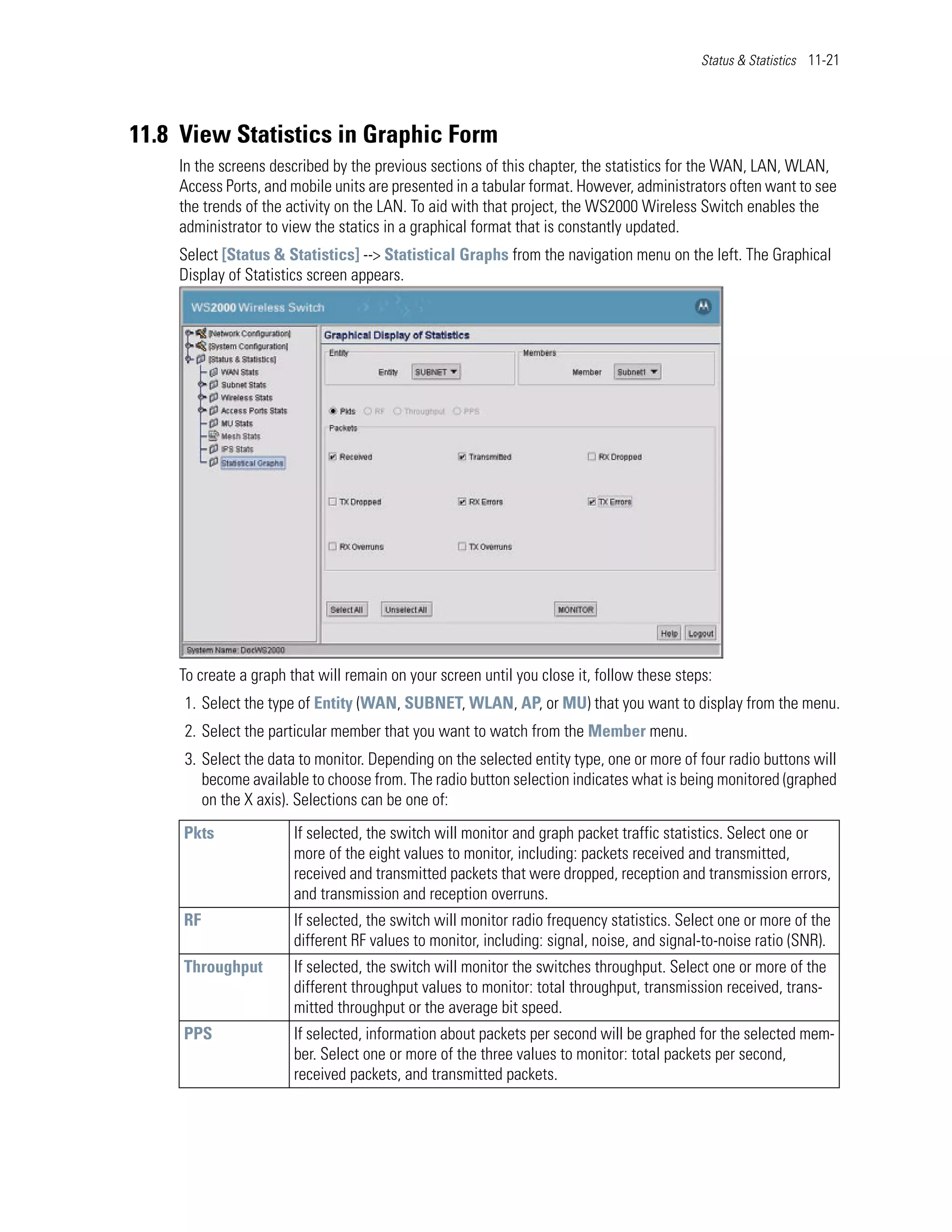 Status & Statistics 11-21




11.8 View Statistics in Graphic Form
    In the screens described by the previous sections of this chapter, the statistics for the WAN, LAN, WLAN,
    Access Ports, and mobile units are presented in a tabular format. However, administrators often want to see
    the trends of the activity on the LAN. To aid with that project, the WS2000 Wireless Switch enables the
    administrator to view the statics in a graphical format that is constantly updated.
    Select [Status & Statistics] --> Statistical Graphs from the navigation menu on the left. The Graphical
    Display of Statistics screen appears.




    To create a graph that will remain on your screen until you close it, follow these steps:
     1. Select the type of Entity (WAN, SUBNET, WLAN, AP, or MU) that you want to display from the menu.
     2. Select the particular member that you want to watch from the Member menu.
     3. Select the data to monitor. Depending on the selected entity type, one or more of four radio buttons will
        become available to choose from. The radio button selection indicates what is being monitored (graphed
        on the X axis). Selections can be one of:
     Pkts              If selected, the switch will monitor and graph packet traffic statistics. Select one or
                       more of the eight values to monitor, including: packets received and transmitted,
                       received and transmitted packets that were dropped, reception and transmission errors,
                       and transmission and reception overruns.
     RF                If selected, the switch will monitor radio frequency statistics. Select one or more of the
                       different RF values to monitor, including: signal, noise, and signal-to-noise ratio (SNR).
     Throughput        If selected, the switch will monitor the switches throughput. Select one or more of the
                       different throughput values to monitor: total throughput, transmission received, trans-
                       mitted throughput or the average bit speed.
     PPS               If selected, information about packets per second will be graphed for the selected mem-
                       ber. Select one or more of the three values to monitor: total packets per second,
                       received packets, and transmitted packets.
 