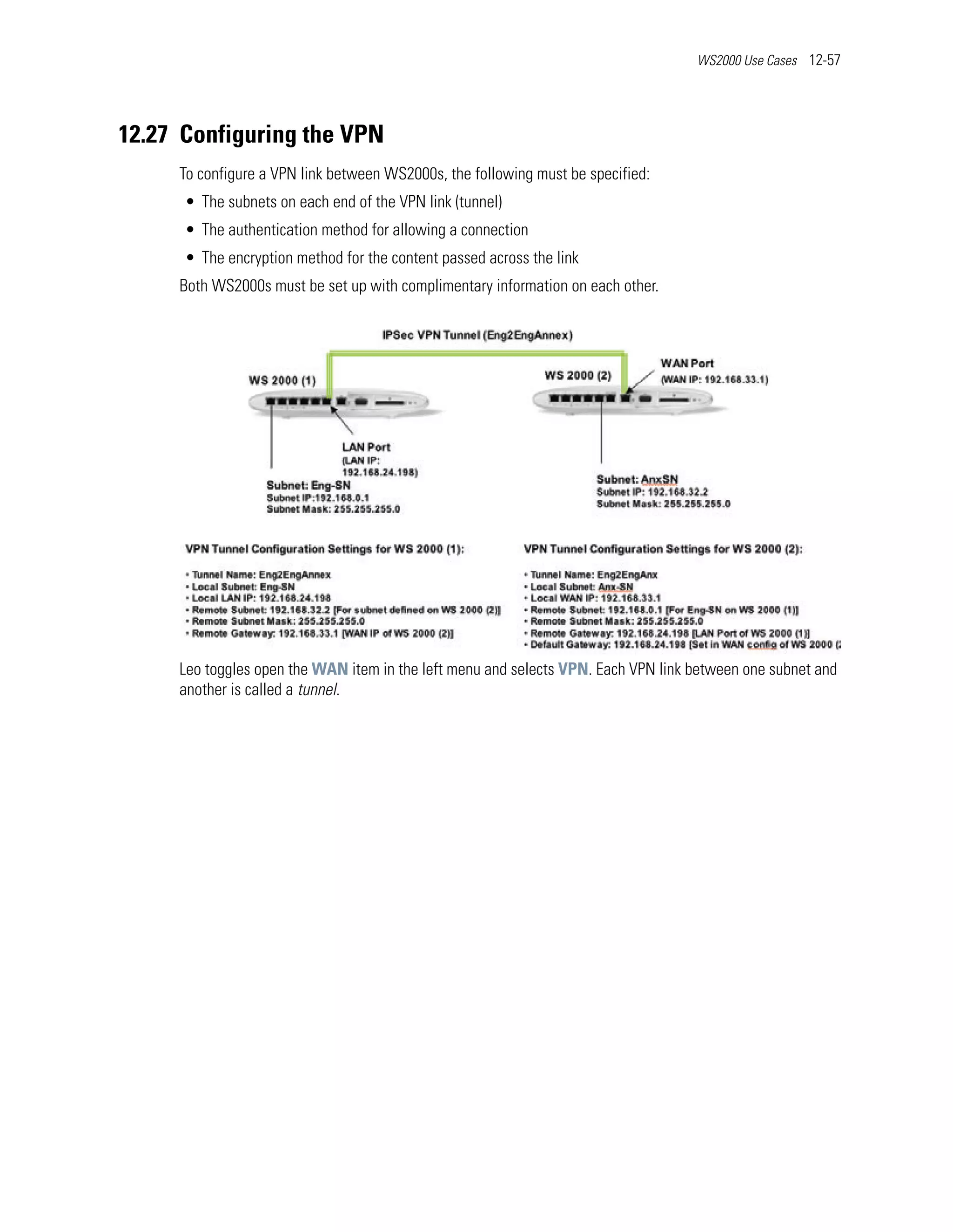 WS2000 Use Cases 12-57




12.27 Configuring the VPN
     To configure a VPN link between WS2000s, the following must be specified:
      • The subnets on each end of the VPN link (tunnel)
      • The authentication method for allowing a connection
      • The encryption method for the content passed across the link
     Both WS2000s must be set up with complimentary information on each other.




     Leo toggles open the WAN item in the left menu and selects VPN. Each VPN link between one subnet and
     another is called a tunnel.
 