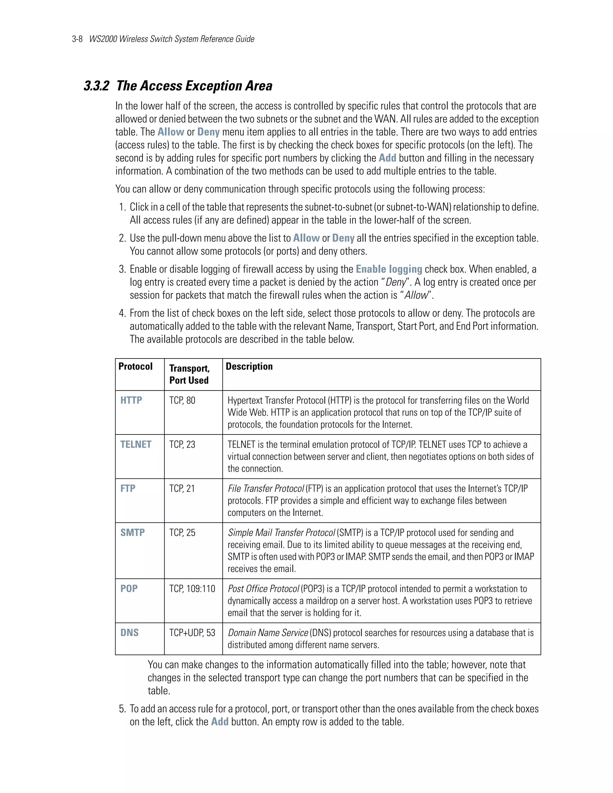 3-8 WS2000 Wireless Switch System Reference Guide




   3.3.2 The Access Exception Area
           In the lower half of the screen, the access is controlled by specific rules that control the protocols that are
           allowed or denied between the two subnets or the subnet and the WAN. All rules are added to the exception
           table. The Allow or Deny menu item applies to all entries in the table. There are two ways to add entries
           (access rules) to the table. The first is by checking the check boxes for specific protocols (on the left). The
           second is by adding rules for specific port numbers by clicking the Add button and filling in the necessary
           information. A combination of the two methods can be used to add multiple entries to the table.
           You can allow or deny communication through specific protocols using the following process:
            1. Click in a cell of the table that represents the subnet-to-subnet (or subnet-to-WAN) relationship to define.
               All access rules (if any are defined) appear in the table in the lower-half of the screen.
            2. Use the pull-down menu above the list to Allow or Deny all the entries specified in the exception table.
               You cannot allow some protocols (or ports) and deny others.
            3. Enable or disable logging of firewall access by using the Enable logging check box. When enabled, a
               log entry is created every time a packet is denied by the action “Deny”. A log entry is created once per
               session for packets that match the firewall rules when the action is “Allow”.
            4. From the list of check boxes on the left side, select those protocols to allow or deny. The protocols are
               automatically added to the table with the relevant Name, Transport, Start Port, and End Port information.
               The available protocols are described in the table below.

            Protocol      Transport,     Description
                          Port Used

            HTTP          TCP, 80        Hypertext Transfer Protocol (HTTP) is the protocol for transferring files on the World
                                         Wide Web. HTTP is an application protocol that runs on top of the TCP/IP suite of
                                         protocols, the foundation protocols for the Internet.

            TELNET        TCP, 23        TELNET is the terminal emulation protocol of TCP/IP. TELNET uses TCP to achieve a
                                         virtual connection between server and client, then negotiates options on both sides of
                                         the connection.

             FTP          TCP, 21        File Transfer Protocol (FTP) is an application protocol that uses the Internet’s TCP/IP
                                         protocols. FTP provides a simple and efficient way to exchange files between
                                         computers on the Internet.

             SMTP         TCP, 25        Simple Mail Transfer Protocol (SMTP) is a TCP/IP protocol used for sending and
                                         receiving email. Due to its limited ability to queue messages at the receiving end,
                                         SMTP is often used with POP3 or IMAP. SMTP sends the email, and then POP3 or IMAP
                                         receives the email.

             POP          TCP, 109:110   Post Office Protocol (POP3) is a TCP/IP protocol intended to permit a workstation to
                                         dynamically access a maildrop on a server host. A workstation uses POP3 to retrieve
                                         email that the server is holding for it.

             DNS          TCP+UDP, 53    Domain Name Service (DNS) protocol searches for resources using a database that is
                                         distributed among different name servers.

                    You can make changes to the information automatically filled into the table; however, note that
                    changes in the selected transport type can change the port numbers that can be specified in the
                    table.
            5. To add an access rule for a protocol, port, or transport other than the ones available from the check boxes
               on the left, click the Add button. An empty row is added to the table.
 