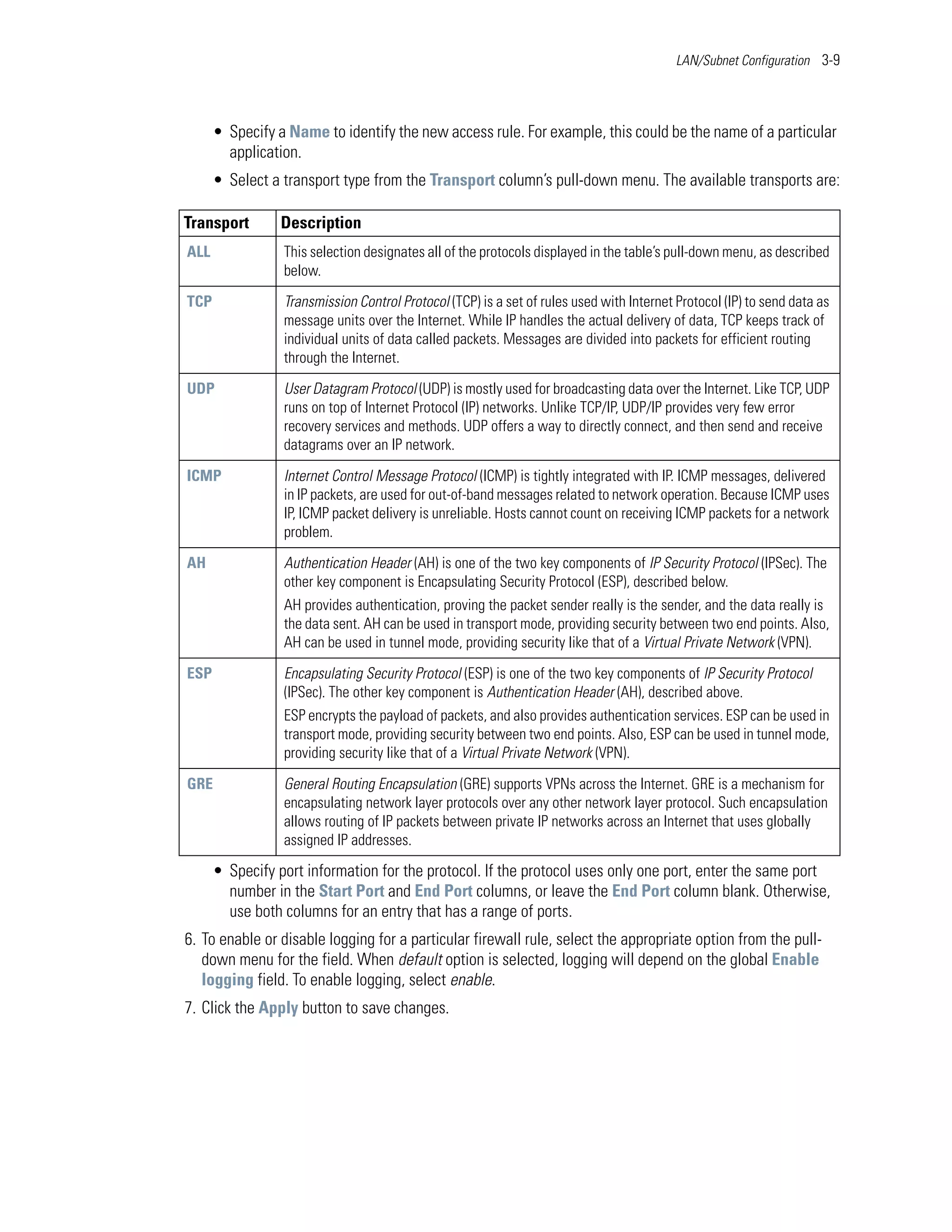 LAN/Subnet Configuration 3-9




      • Specify a Name to identify the new access rule. For example, this could be the name of a particular
        application.
      • Select a transport type from the Transport column’s pull-down menu. The available transports are:

Transport        Description
ALL              This selection designates all of the protocols displayed in the table’s pull-down menu, as described
                 below.

TCP              Transmission Control Protocol (TCP) is a set of rules used with Internet Protocol (IP) to send data as
                 message units over the Internet. While IP handles the actual delivery of data, TCP keeps track of
                 individual units of data called packets. Messages are divided into packets for efficient routing
                 through the Internet.

UDP              User Datagram Protocol (UDP) is mostly used for broadcasting data over the Internet. Like TCP, UDP
                 runs on top of Internet Protocol (IP) networks. Unlike TCP/IP, UDP/IP provides very few error
                 recovery services and methods. UDP offers a way to directly connect, and then send and receive
                 datagrams over an IP network.

ICMP             Internet Control Message Protocol (ICMP) is tightly integrated with IP. ICMP messages, delivered
                 in IP packets, are used for out-of-band messages related to network operation. Because ICMP uses
                 IP, ICMP packet delivery is unreliable. Hosts cannot count on receiving ICMP packets for a network
                 problem.

AH               Authentication Header (AH) is one of the two key components of IP Security Protocol (IPSec). The
                 other key component is Encapsulating Security Protocol (ESP), described below.
                 AH provides authentication, proving the packet sender really is the sender, and the data really is
                 the data sent. AH can be used in transport mode, providing security between two end points. Also,
                 AH can be used in tunnel mode, providing security like that of a Virtual Private Network (VPN).

ESP              Encapsulating Security Protocol (ESP) is one of the two key components of IP Security Protocol
                 (IPSec). The other key component is Authentication Header (AH), described above.
                 ESP encrypts the payload of packets, and also provides authentication services. ESP can be used in
                 transport mode, providing security between two end points. Also, ESP can be used in tunnel mode,
                 providing security like that of a Virtual Private Network (VPN).

GRE              General Routing Encapsulation (GRE) supports VPNs across the Internet. GRE is a mechanism for
                 encapsulating network layer protocols over any other network layer protocol. Such encapsulation
                 allows routing of IP packets between private IP networks across an Internet that uses globally
                 assigned IP addresses.

      • Specify port information for the protocol. If the protocol uses only one port, enter the same port
        number in the Start Port and End Port columns, or leave the End Port column blank. Otherwise,
        use both columns for an entry that has a range of ports.
6. To enable or disable logging for a particular firewall rule, select the appropriate option from the pull-
   down menu for the field. When default option is selected, logging will depend on the global Enable
   logging field. To enable logging, select enable.
7. Click the Apply button to save changes.
 