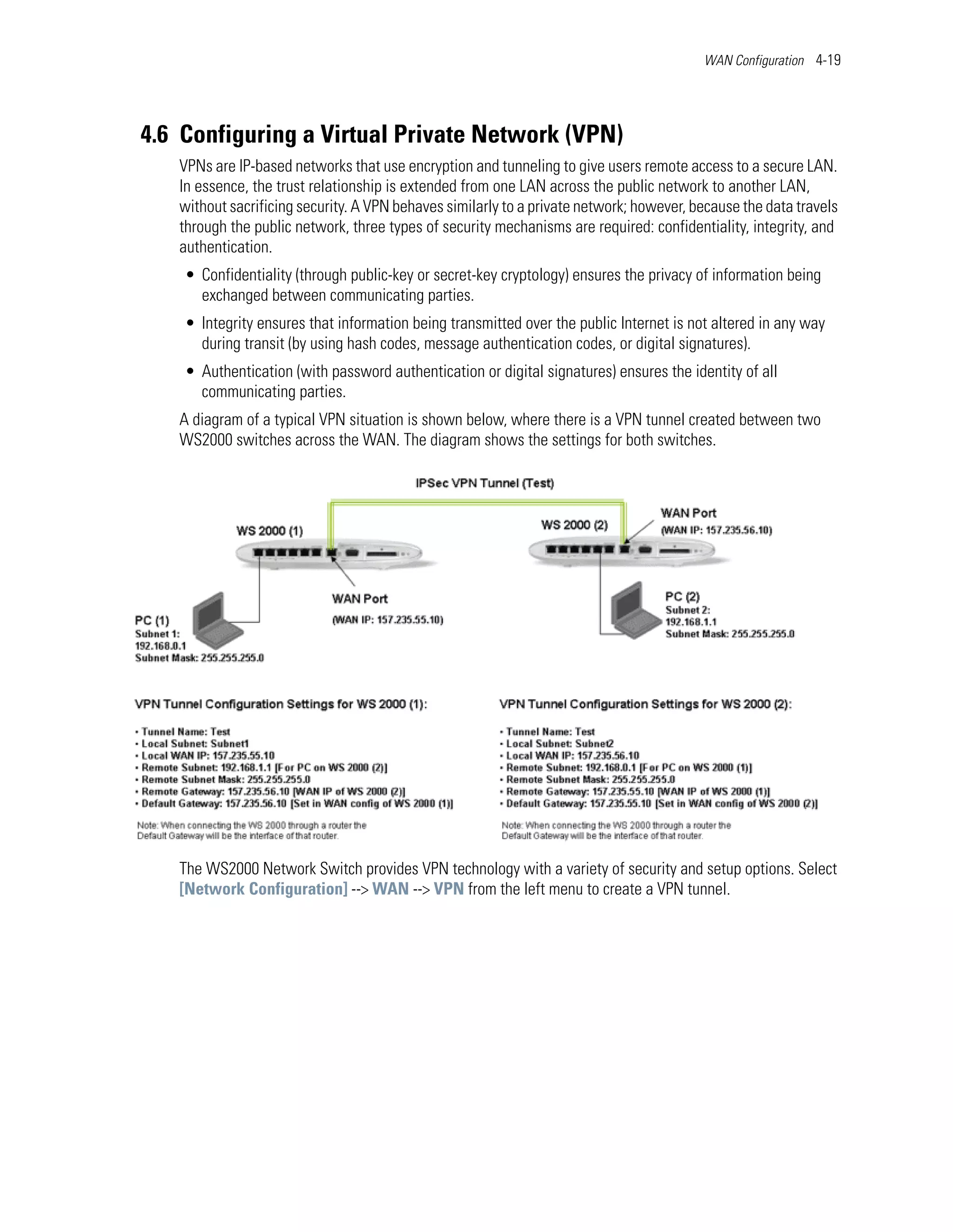 WAN Configuration 4-19




4.6 Configuring a Virtual Private Network (VPN)
   VPNs are IP-based networks that use encryption and tunneling to give users remote access to a secure LAN.
   In essence, the trust relationship is extended from one LAN across the public network to another LAN,
   without sacrificing security. A VPN behaves similarly to a private network; however, because the data travels
   through the public network, three types of security mechanisms are required: confidentiality, integrity, and
   authentication.
    • Confidentiality (through public-key or secret-key cryptology) ensures the privacy of information being
      exchanged between communicating parties.
    • Integrity ensures that information being transmitted over the public Internet is not altered in any way
      during transit (by using hash codes, message authentication codes, or digital signatures).
    • Authentication (with password authentication or digital signatures) ensures the identity of all
      communicating parties.
   A diagram of a typical VPN situation is shown below, where there is a VPN tunnel created between two
   WS2000 switches across the WAN. The diagram shows the settings for both switches.




   The WS2000 Network Switch provides VPN technology with a variety of security and setup options. Select
   [Network Configuration] --> WAN --> VPN from the left menu to create a VPN tunnel.
 