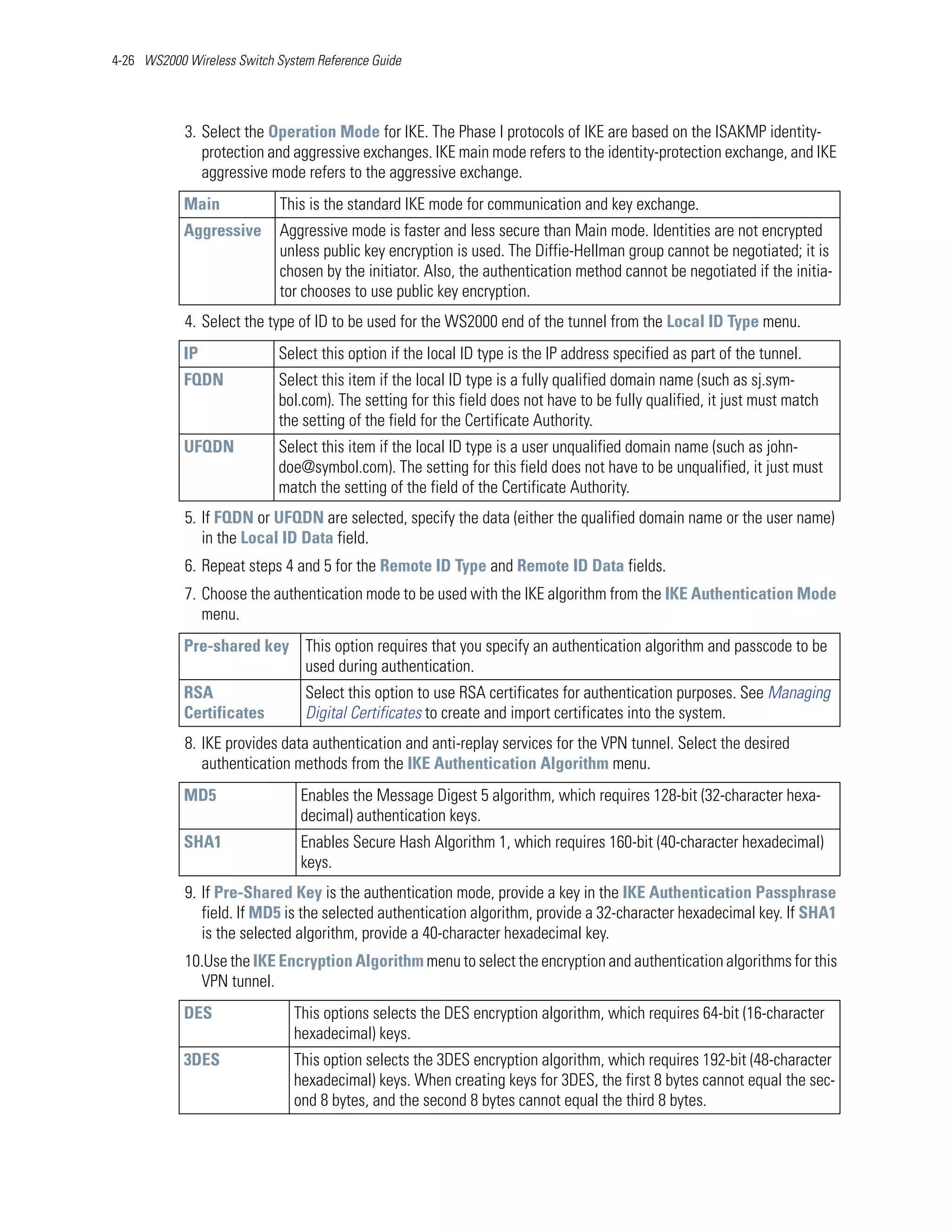 4-26 WS2000 Wireless Switch System Reference Guide




            3. Select the Operation Mode for IKE. The Phase I protocols of IKE are based on the ISAKMP identity-
               protection and aggressive exchanges. IKE main mode refers to the identity-protection exchange, and IKE
               aggressive mode refers to the aggressive exchange.
            Main             This is the standard IKE mode for communication and key exchange.
            Aggressive       Aggressive mode is faster and less secure than Main mode. Identities are not encrypted
                             unless public key encryption is used. The Diffie-Hellman group cannot be negotiated; it is
                             chosen by the initiator. Also, the authentication method cannot be negotiated if the initia-
                             tor chooses to use public key encryption.
            4. Select the type of ID to be used for the WS2000 end of the tunnel from the Local ID Type menu.
            IP              Select this option if the local ID type is the IP address specified as part of the tunnel.
            FQDN            Select this item if the local ID type is a fully qualified domain name (such as sj.sym-
                            bol.com). The setting for this field does not have to be fully qualified, it just must match
                            the setting of the field for the Certificate Authority.
            UFQDN           Select this item if the local ID type is a user unqualified domain name (such as john-
                            doe@symbol.com). The setting for this field does not have to be unqualified, it just must
                            match the setting of the field of the Certificate Authority.
            5. If FQDN or UFQDN are selected, specify the data (either the qualified domain name or the user name)
               in the Local ID Data field.
            6. Repeat steps 4 and 5 for the Remote ID Type and Remote ID Data fields.
            7. Choose the authentication mode to be used with the IKE algorithm from the IKE Authentication Mode
               menu.
            Pre-shared key This option requires that you specify an authentication algorithm and passcode to be
                           used during authentication.
            RSA                  Select this option to use RSA certificates for authentication purposes. See Managing
            Certificates         Digital Certificates to create and import certificates into the system.
            8. IKE provides data authentication and anti-replay services for the VPN tunnel. Select the desired
               authentication methods from the IKE Authentication Algorithm menu.
            MD5                 Enables the Message Digest 5 algorithm, which requires 128-bit (32-character hexa-
                                decimal) authentication keys.
            SHA1                Enables Secure Hash Algorithm 1, which requires 160-bit (40-character hexadecimal)
                                keys.
            9. If Pre-Shared Key is the authentication mode, provide a key in the IKE Authentication Passphrase
               field. If MD5 is the selected authentication algorithm, provide a 32-character hexadecimal key. If SHA1
               is the selected algorithm, provide a 40-character hexadecimal key.
            10.Use the IKE Encryption Algorithm menu to select the encryption and authentication algorithms for this
              VPN tunnel.
            DES                This options selects the DES encryption algorithm, which requires 64-bit (16-character
                               hexadecimal) keys.
            3DES               This option selects the 3DES encryption algorithm, which requires 192-bit (48-character
                               hexadecimal) keys. When creating keys for 3DES, the first 8 bytes cannot equal the sec-
                               ond 8 bytes, and the second 8 bytes cannot equal the third 8 bytes.
 
