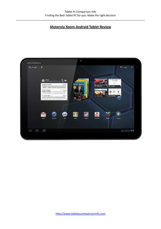 Tablet Pc Comparison Info
                    Finding the Best Tablet PC for you: Make the right decision
_______________________________________________________________________________________

                      Motorola Xoom Android Tablet Review




                          http://www.tabletpccomparisoninfo.com
 