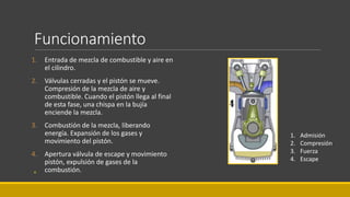 Funcionamiento
1. Entrada de mezcla de combustible y aire en
el cilindro.
2. Válvulas cerradas y el pistón se mueve.
Compresión de la mezcla de aire y
combustible. Cuando el pistón llega al final
de esta fase, una chispa en la bujía
enciende la mezcla.
3. Combustión de la mezcla, liberando
energía. Expansión de los gases y
movimiento del pistón.
4. Apertura válvula de escape y movimiento
pistón, expulsión de gases de la
combustión.«
1. Admisión
2. Compresión
3. Fuerza
4. Escape
 