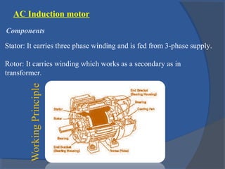 AC Induction motor
Components
Stator: It carries three phase winding and is fed from 3-phase supply.
Rotor: It carries winding which works as a secondary as in
transformer.
 