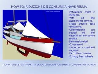 •Pitturazione chiara e
riflettente.
•Vetri ad alto
assorbimento termico,
•Studio attento della
ventilazione.
•Coibentazione con
areogel ed altri
materiali ad alto potere
isolante.
•Illuminazione led
•Compressori
«turbocor» a cuscinetti
magnetici
•Fan coil con inverter
•Entalpy heat wheels
HOW TO: RIDUZIONE DEI CONSUMI A NAVE FERMA
SONO TUTTI SISTEMI “SMART” IN GRADO DI RIDURRE FORTEMENTE I CONSUMI “ALBERGHIERI”
 