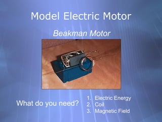 Model Electric Motor
Beakman Motor
What do you need?
1. Electric Energy
2. Coil
3. Magnetic Field
 